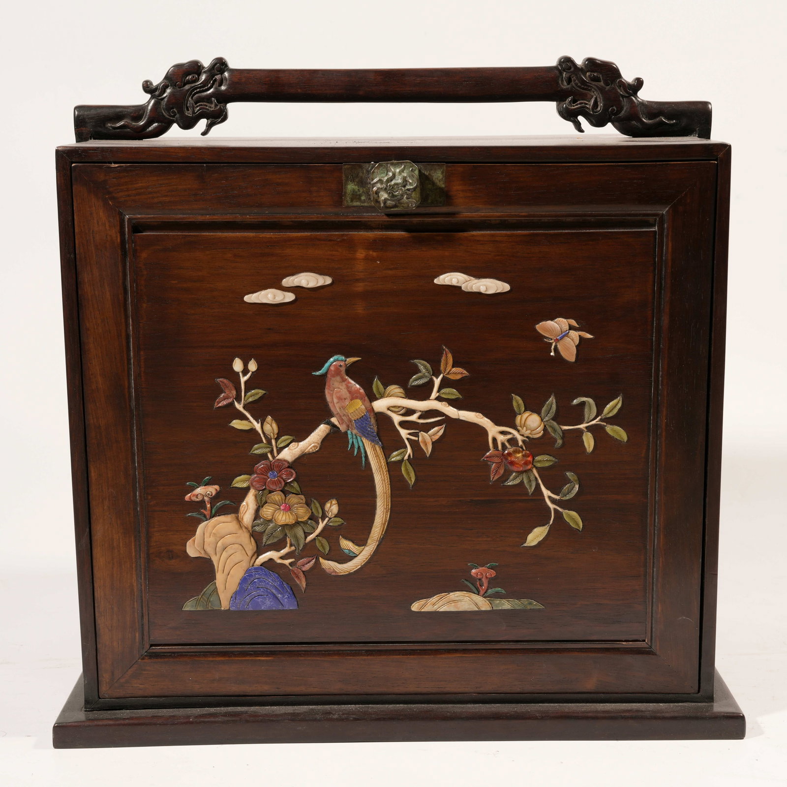 A HUANGHUALI "HUNDRED TREASURES" INLAID LIFTING-HANDLE BOX WITH BIRD-AND-FLOWER MOTIF (1 of 8)