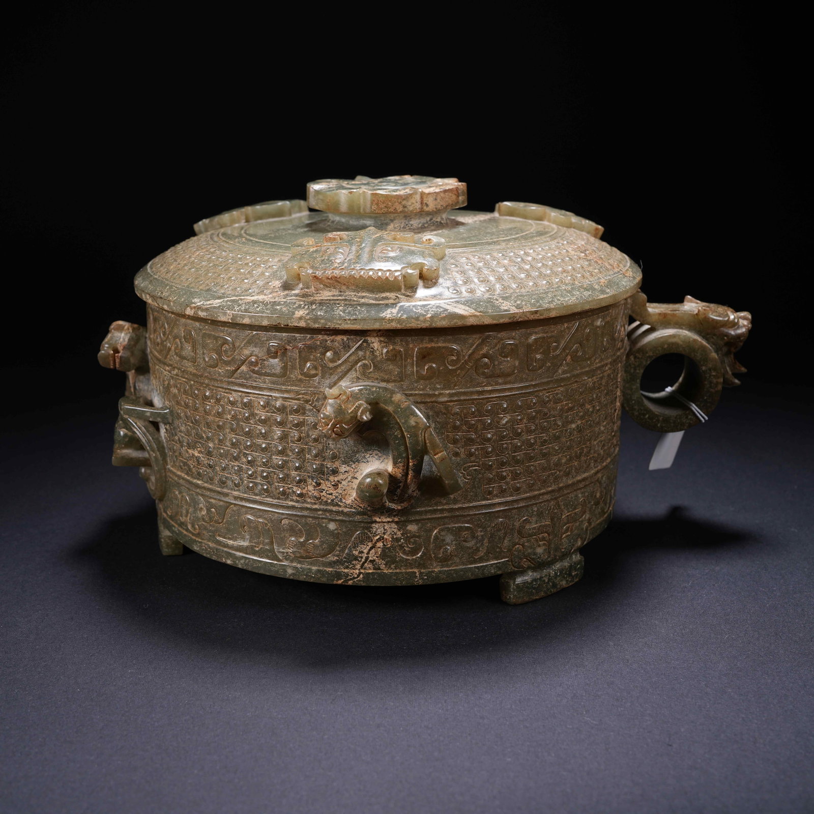 A ARCHAIC JADE COVERED BOX WITH DRAGON HANDLE AND BEAST-MASK DESIGN (1 of 7)