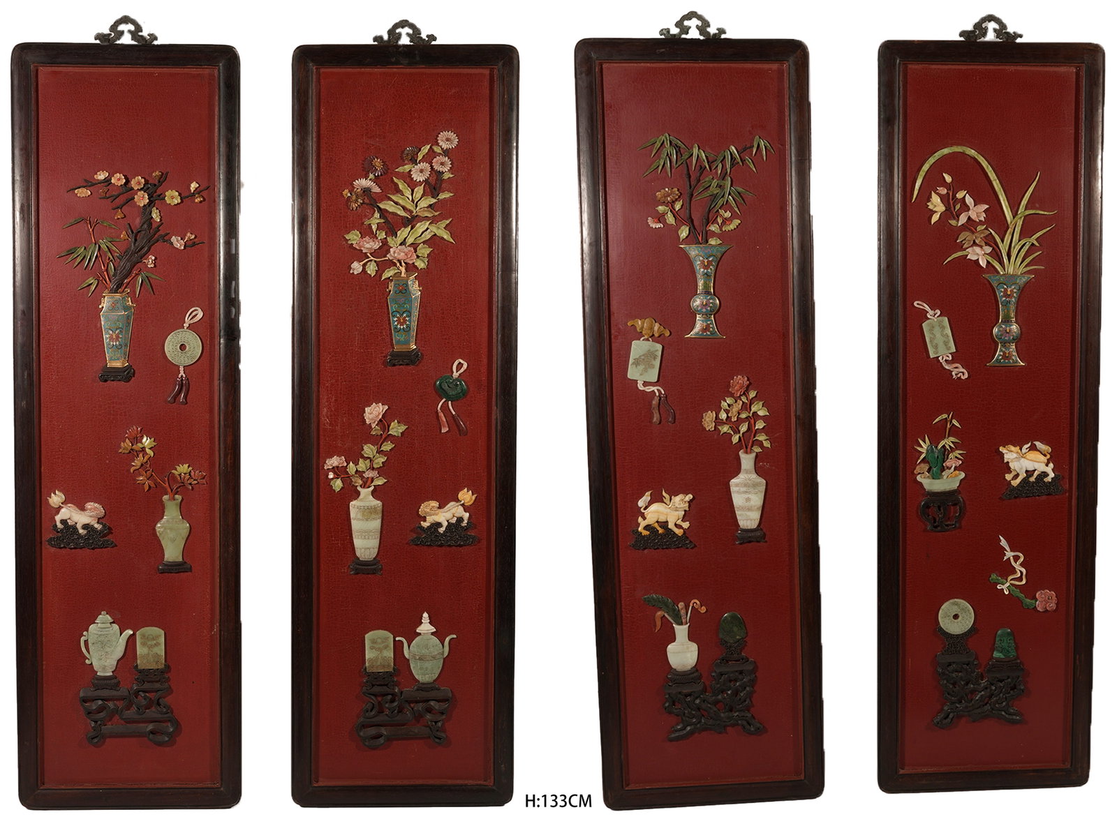 A SET OF HUANGHUALI HANGING PANELS INLAID WITH CLOISONN? ENAMEL ON BRONZE AND "HUNDRED TREASURES",: Set of Huanghuali Hanging Panels Inlaid with Cloisonn?? Enamel on Bronze and "undred Treasures", Decorated with Antiquities MotifF