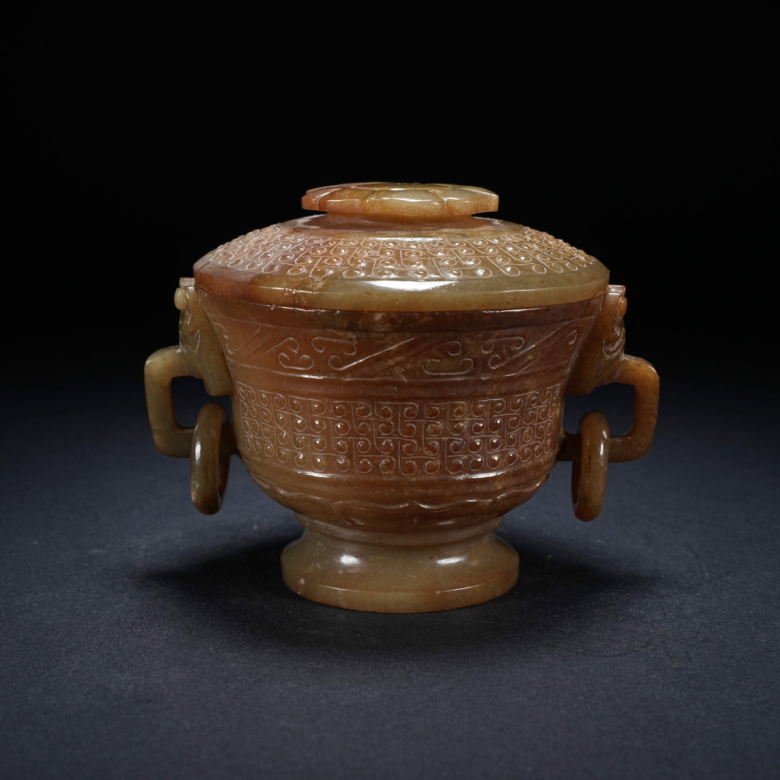 A ARCHAIC JADE LIDDED CUP WITH NIPPLE PATTERNS AND DOUBLE BEAST EARS (1 of 9)