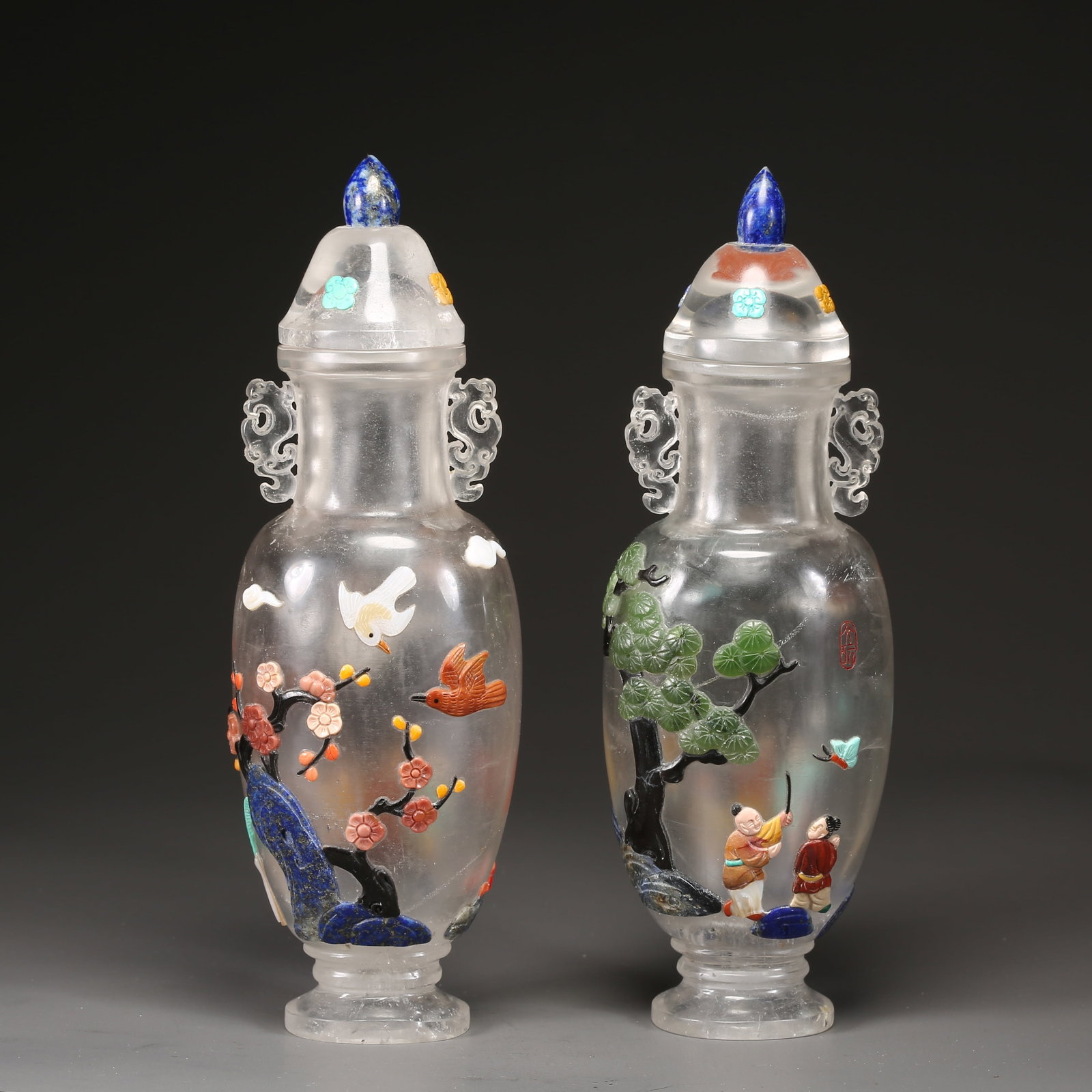 A CRYSTAL DOUBLE-HANDLED VASE INLAID WITH HUNDRED TREASURES DEPICTING PLAYING CHILDREN, SET (1 of 9)