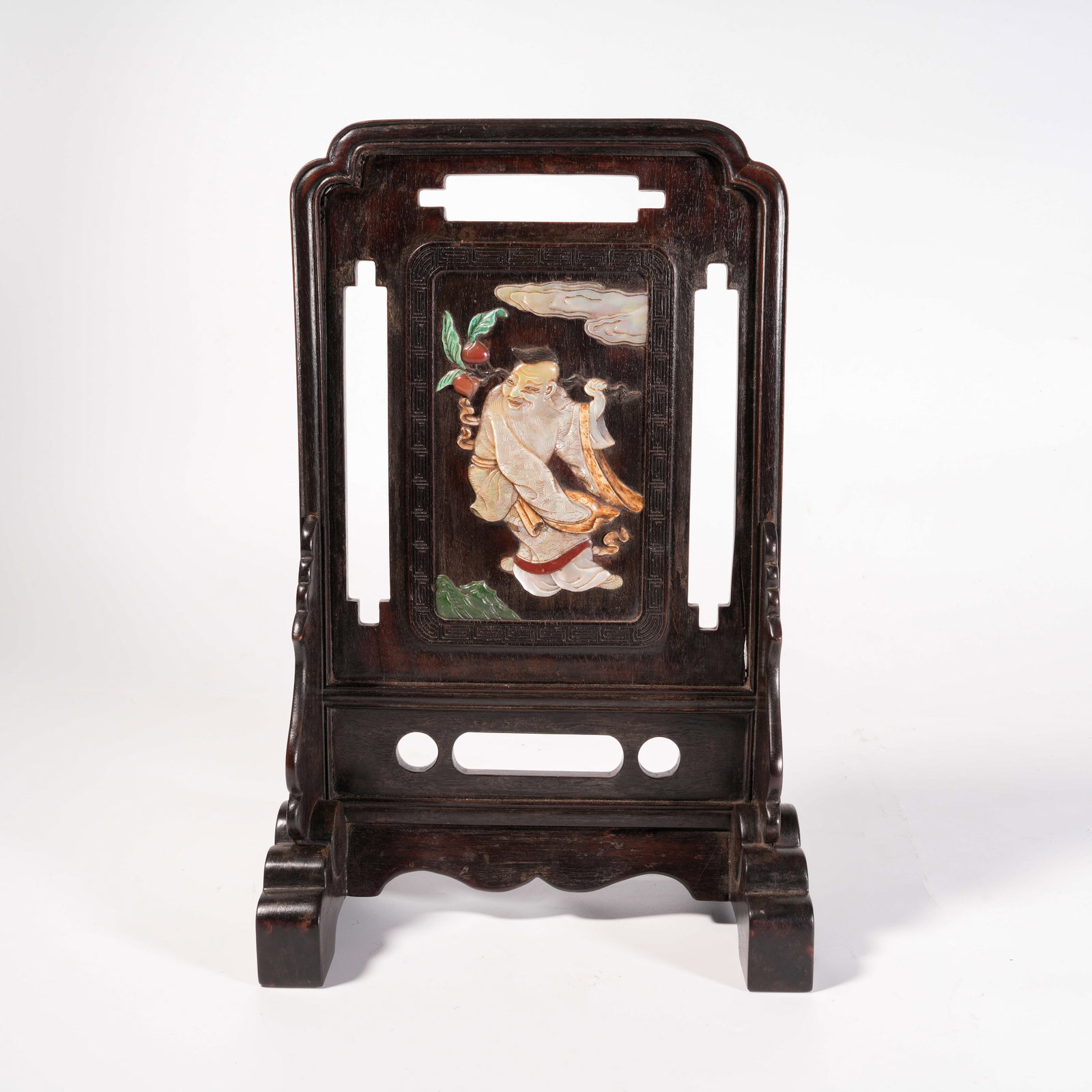A ZITAN WOOD SCREEN WITH MOTHER-OF-PEARL AND PRECIOUS MATERIALS INLAID, SHOU STAR MOTIF: Zitan Wood Screen with Mother-of-Pearl and Precious Materials Inlaid, Shou Star Motif