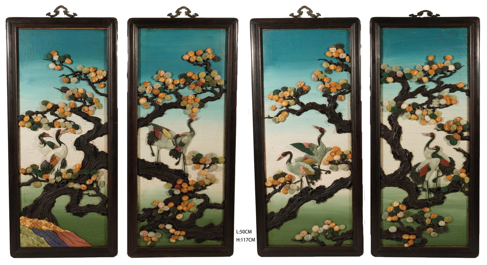 A SET OF ZITAN "HUNDRED TREASURES" INLAID HANGING PANELS WITH PINE AND CRANE LONGEVITY MOTIF: Set of Zitan "Hundred Treasures" Inlaid Hanging Panels with Pine and Crane Longevity Motif