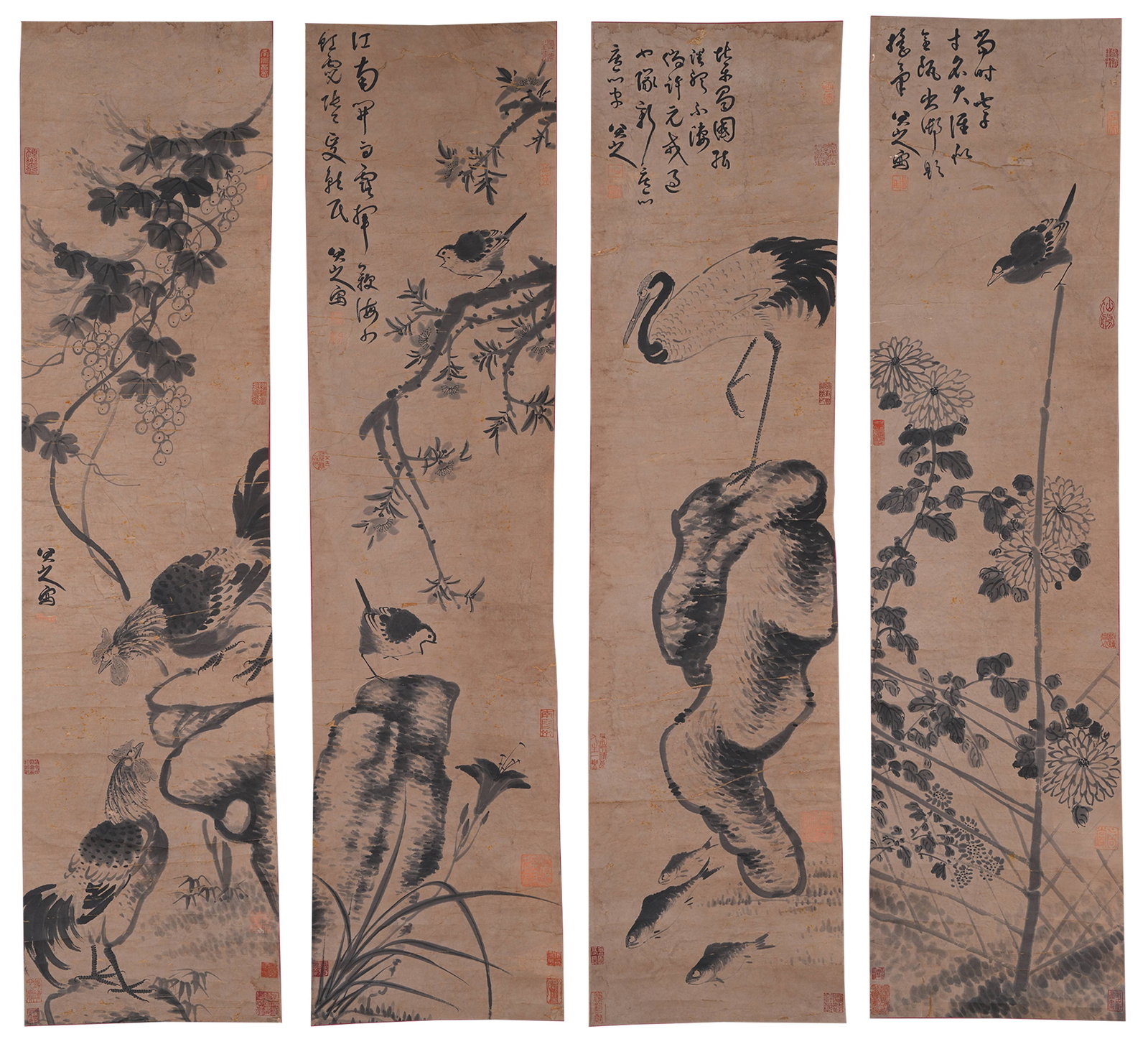 A FLOWER AND BIRD PAINTINGS ON PAPER BY BADA SHANREN (4 PIECES).八大山人: Flower and Bird Paintings on Paper by Bada Shanren (4 pieces).八大山人