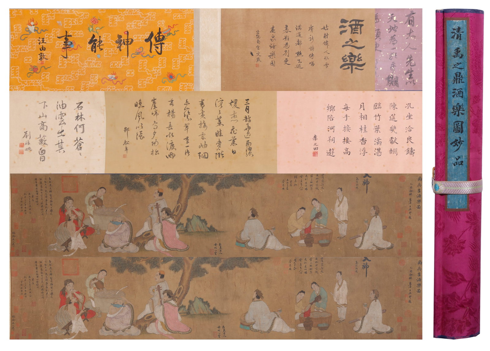 A HAND SCROLL OF FEASTING AND MERRIMENT ON SILK BY YU ZHIDING.禹之鼎: Hand Scroll of Feasting and Merriment on Silk by Yu Zhiding.禹之鼎