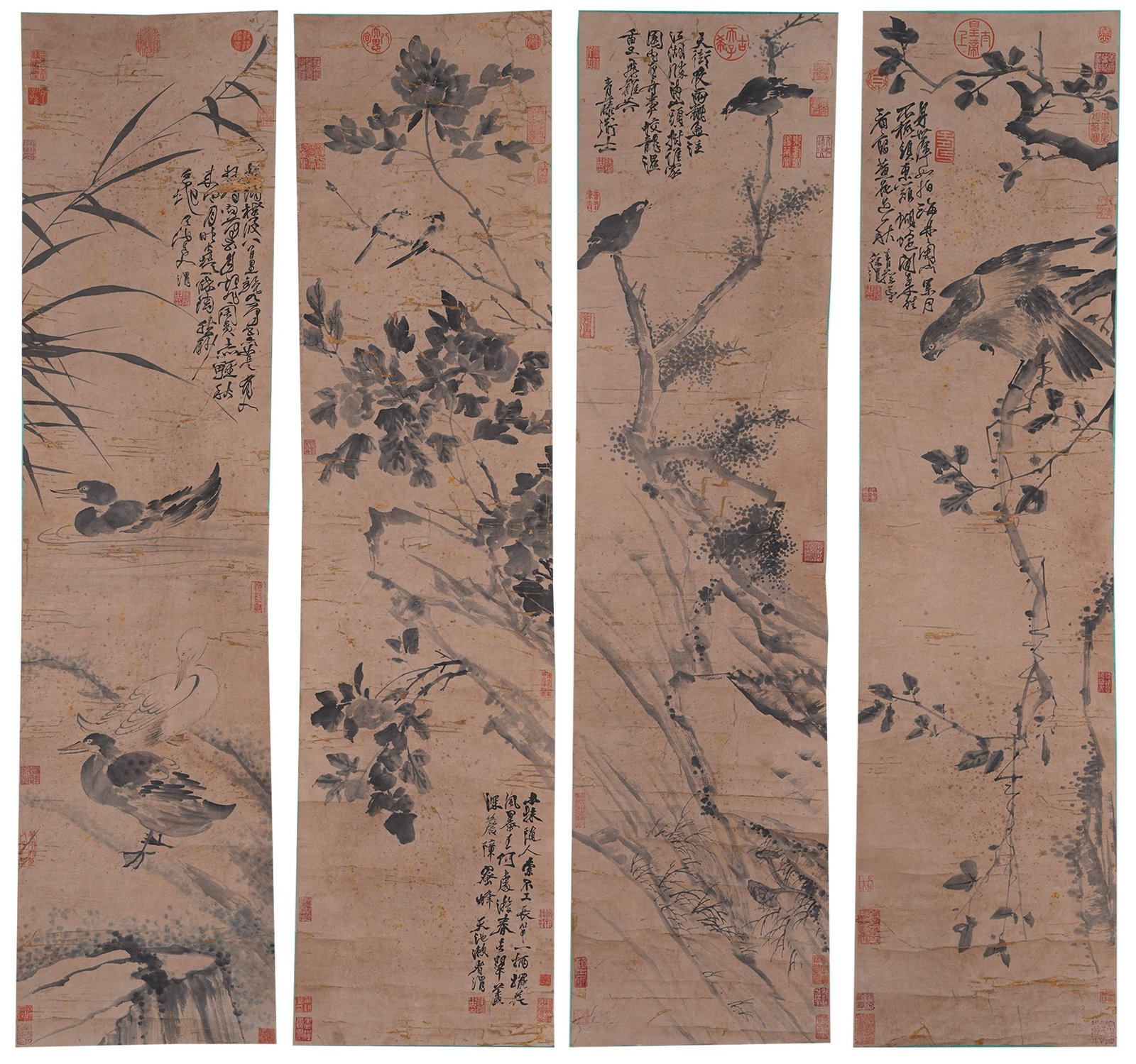 A FLOWER AND BIRD PAINTINGS ON PAPER BY XU WEI (4 PIECES).徐渭: Flower and Bird Paintings on Paper by Xu Wei (4 pieces).徐渭