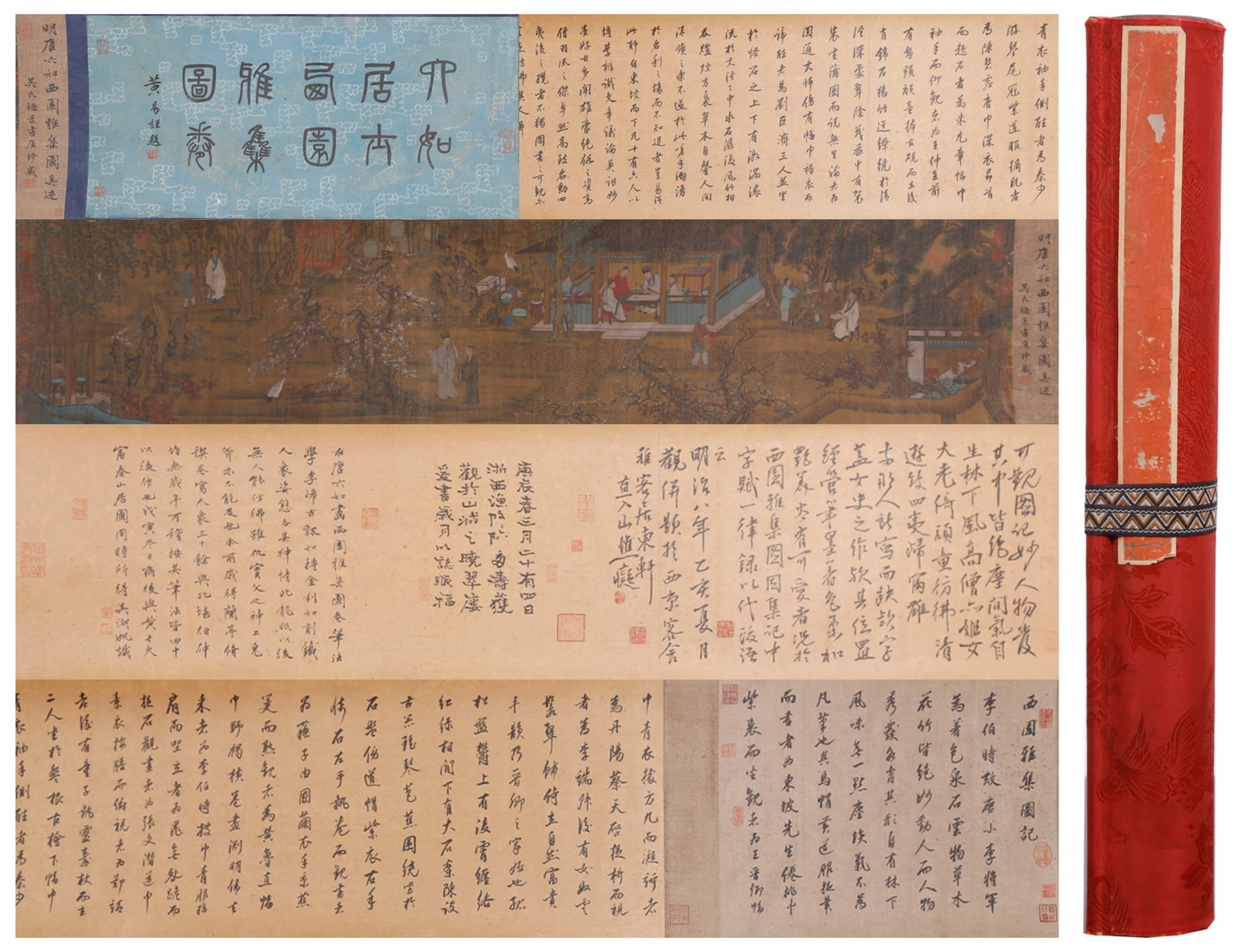 A HAND SCROLL OF FIGURE STORIES ON SILK BY TANG BOHU.唐伯虎: Hand Scroll of Figure Stories on Silk by Tang Bohu.唐伯虎