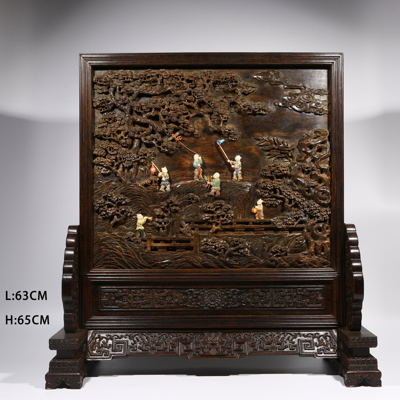 A ZITAN WOOD SCREEN INLAID WITH HARDSTONES DEPICTING CHILDREN AT PLAY IN A COURTYARD: Zitan Wood Screen Inlaid with Hardstones Depicting Children at Play in a Courtyard