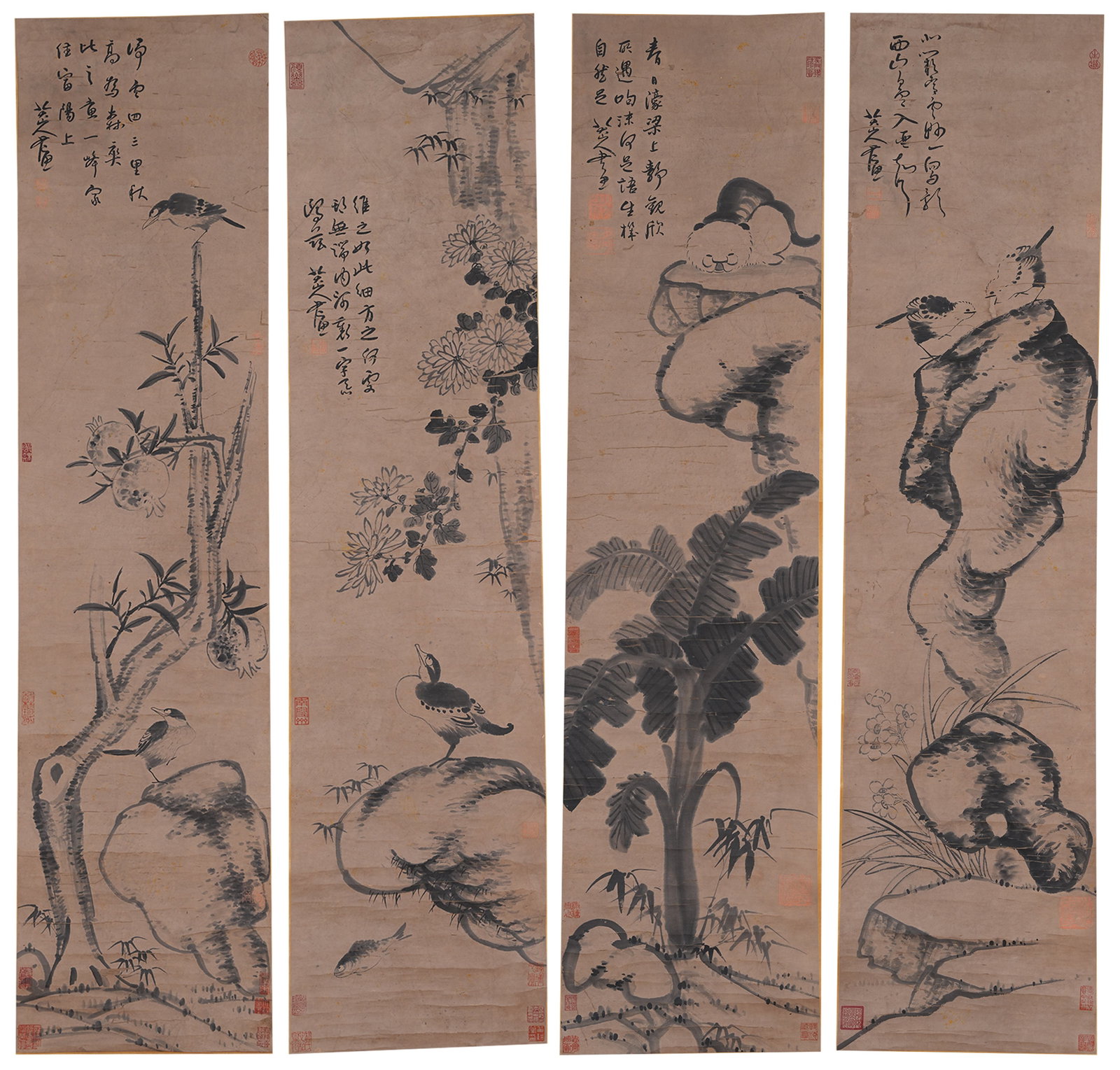 A FLOWER AND BIRD PAINTINGS ON PAPER BY BADA SHANREN (4 PIECES).八大山人: Flower and Bird Paintings on Paper by Bada Shanren (4 pieces).八大山人