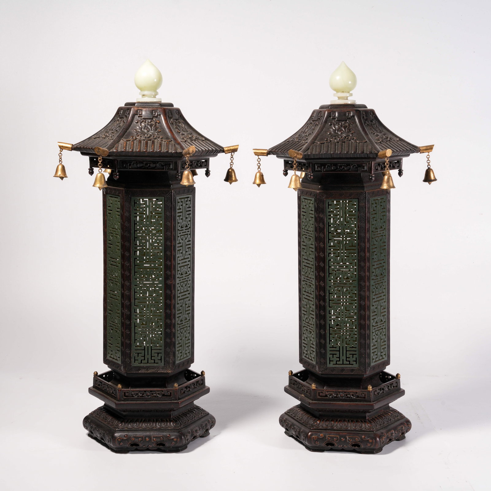 A SET OF ZITAN WOOD INCENSE BURNERS WITH INLAID GREEN JADE (1 of 10)