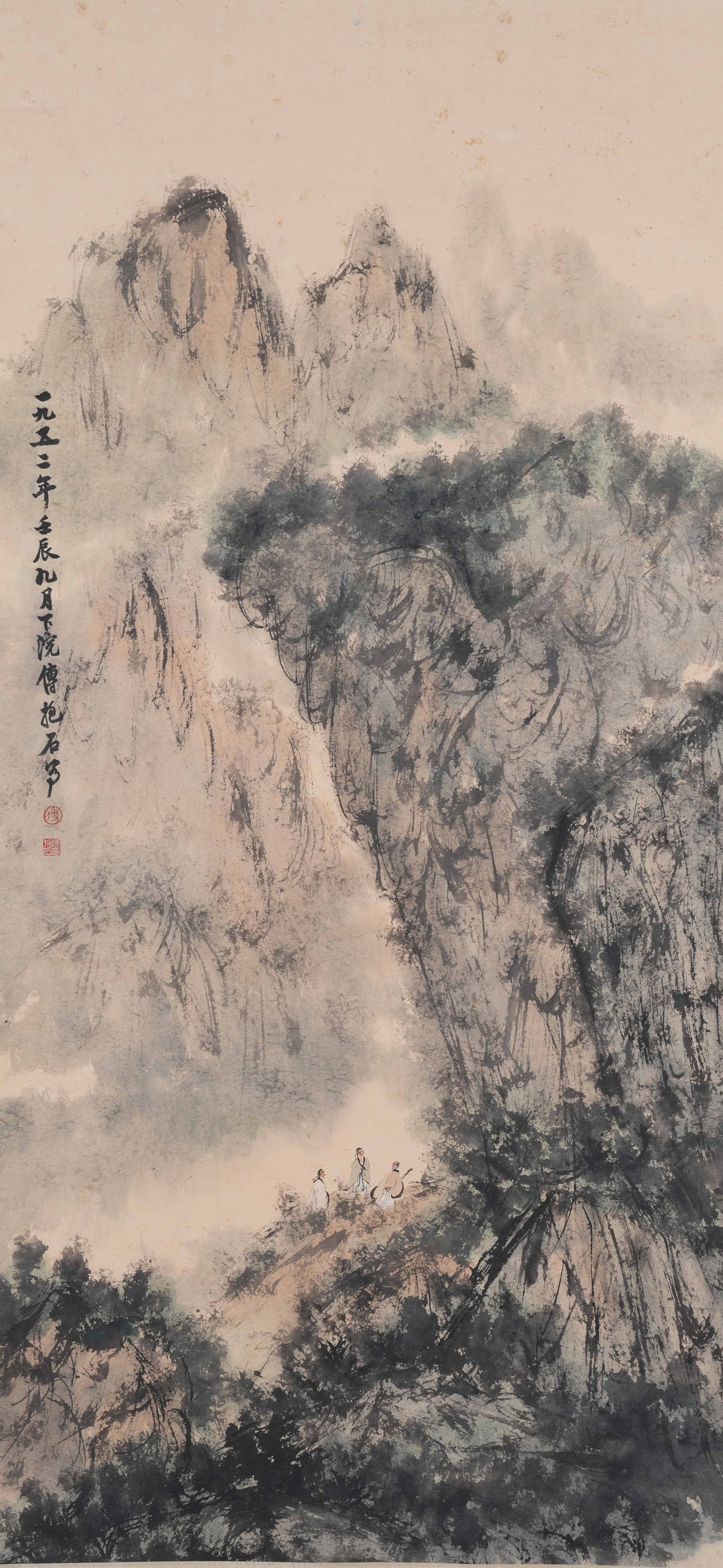 A LANDSCAPE PAINTING ON PAPER BY FU BAOSHI.傅抱石: Landscape Painting on Paper by Fu Baoshi.傅抱石