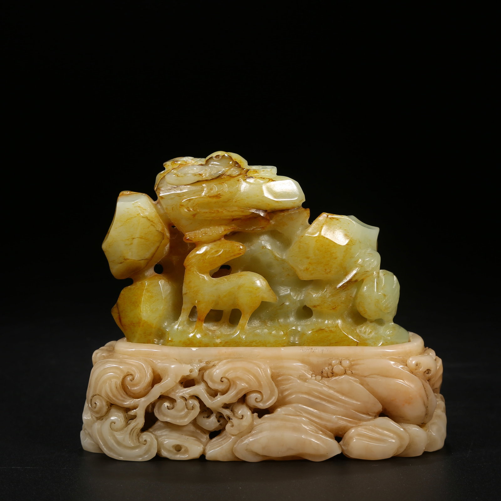 A HETIAN JADE MOUNTAIN SCULPTURE WITH LINGZHI AND AUSPICIOUS BEASTS (1 of 8)