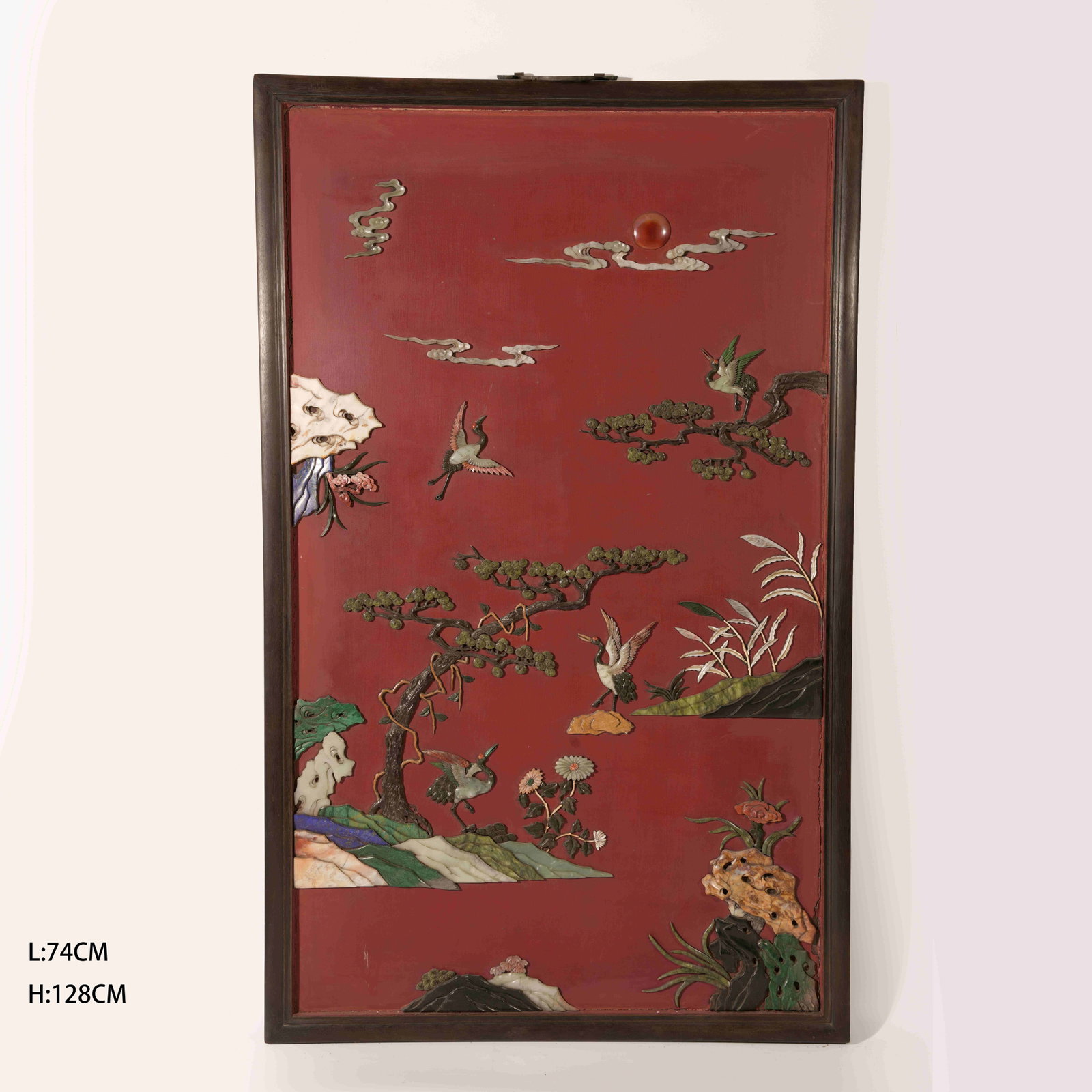 A ZITAN "HUNDRED TREASURES" INLAID HANGING PANEL WITH PINE AND CRANE LONGEVITY MOTIF (1 of 7)