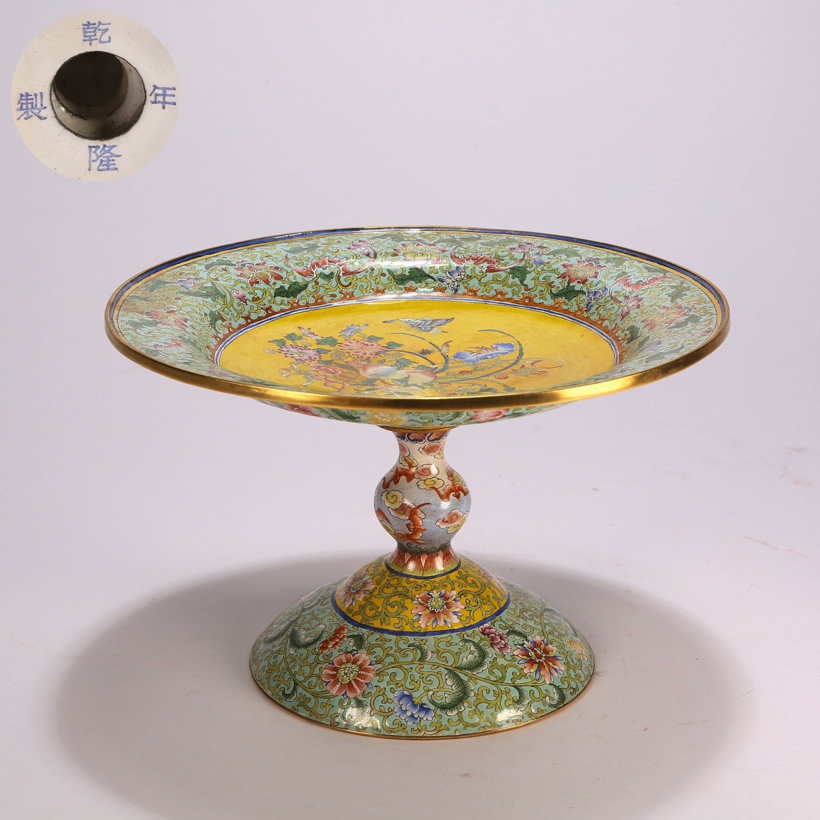 A BRONZE CLOISONNE HIGH-FOOTED DISH WITH AUSPICIOUS-FRUIT DECORATION (1 of 10)