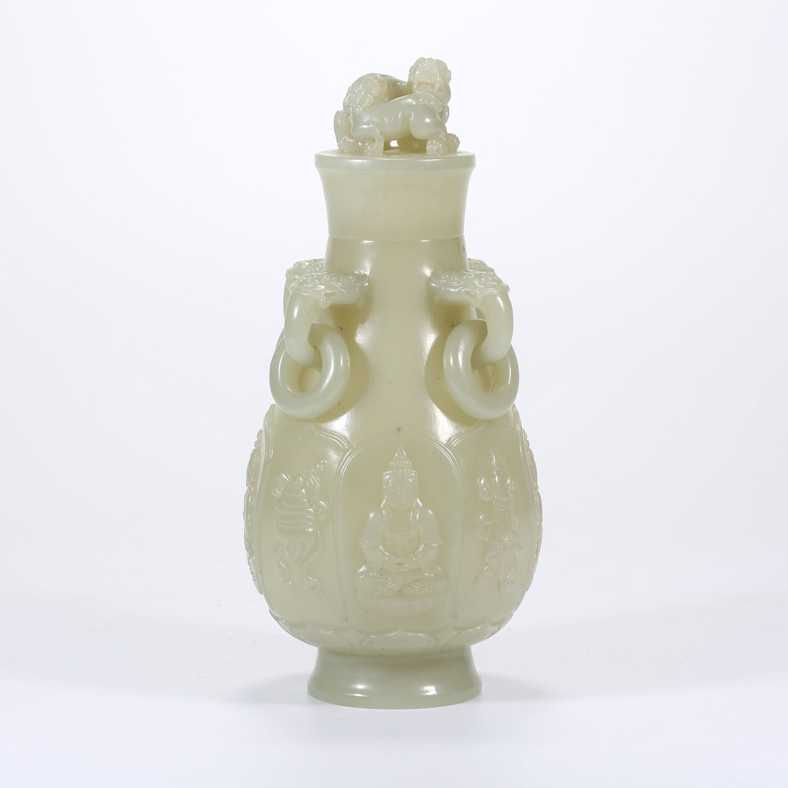 A HETIAN JADE COVERED VASE WITH BUDDHA IMAGE, HINGED RING HANDLES, AND BEAST EARS (1 of 9)