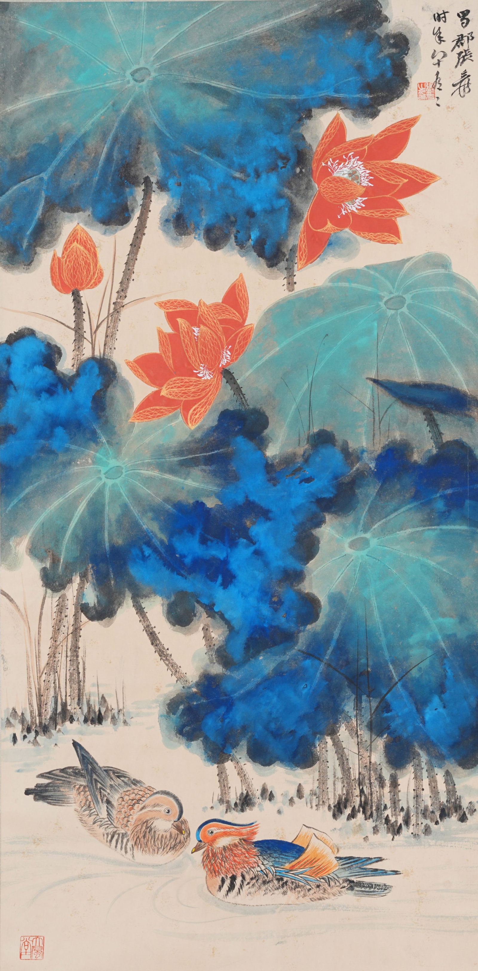 A LOTUS AND MANDARIN DUCKS PAINTING ON PAPER BY ZHANG DAQIAN.張大千: Lotus and Mandarin Ducks Painting on Paper by Zhang Daqian.張大千