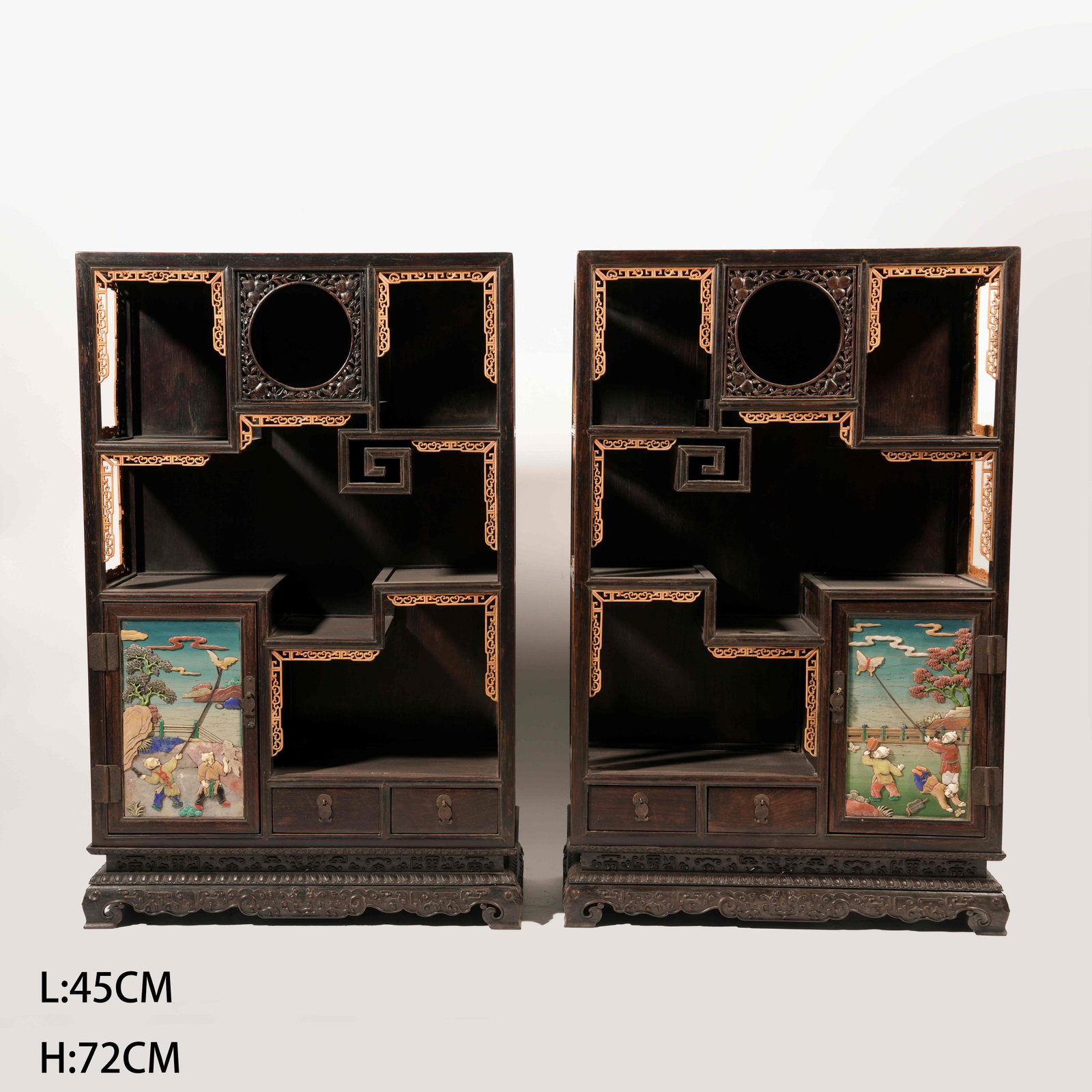 A HUANGHUALI "HUNDRED TREASURES" INLAID DISPLAY CABINET WITH INFANTS AT PLAY MOTIF, SET: Huanghuali "Hundred Treasures" Inlaid Display Cabinet with Infants at Play Motif, Set