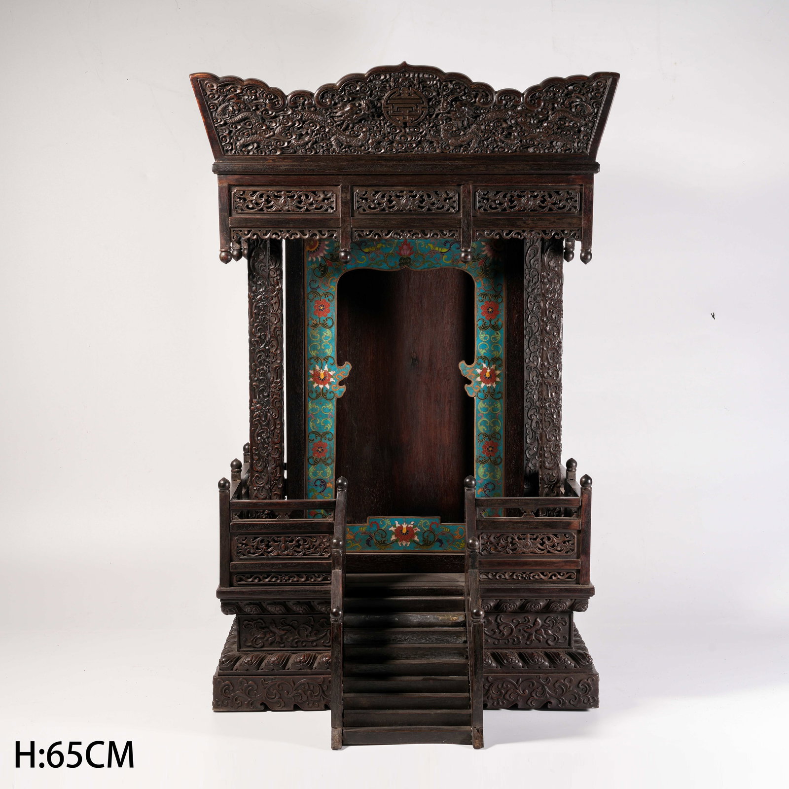 A ZITAN WOOD BUDDHIST SHRINE WITH CLOISONN? ENAMEL FLORAL MOTIFS, BRONZE INLAY: Zitan Wood Buddhist Shrine with Cloisonn?? Enamel Floral Motifs, Bronze Inlay
