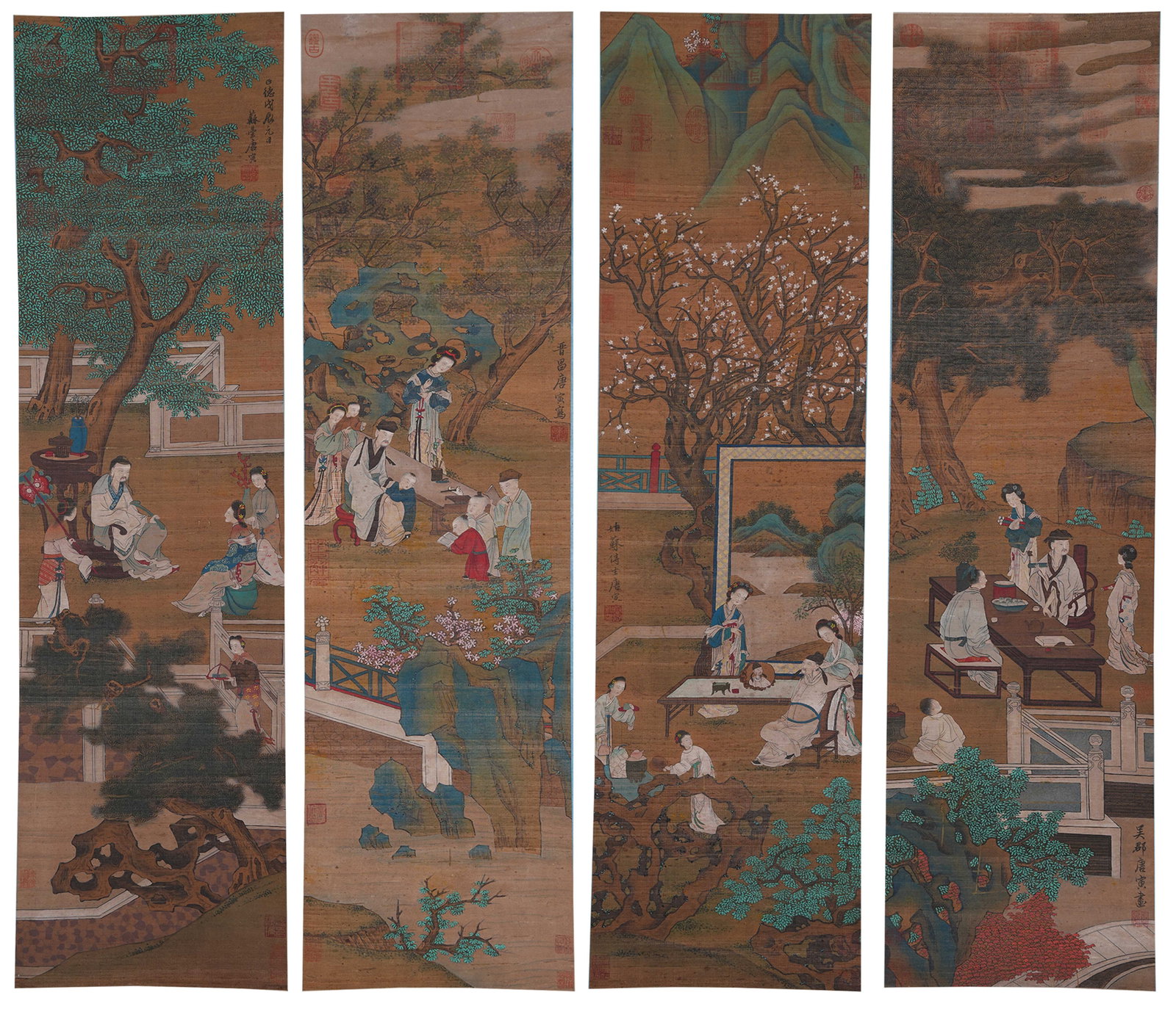 A FIGURE PAINTINGS ON SILK BY TANG BOHU (4 PIECES).唐伯虎: Figure Paintings on Silk by Tang Bohu (4 pieces).唐伯虎
