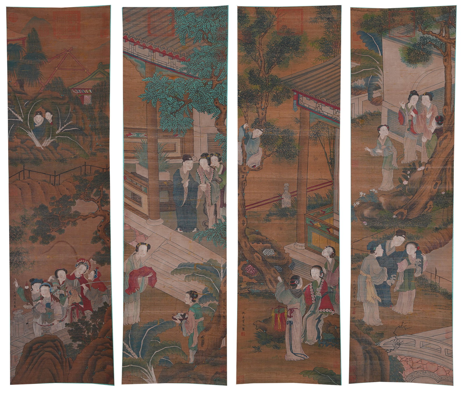 A FIGURE PAINTINGS ON SILK BY QIU YING (4 PIECES).仇英: Figure Paintings on Silk by Qiu Ying (4 pieces).仇英