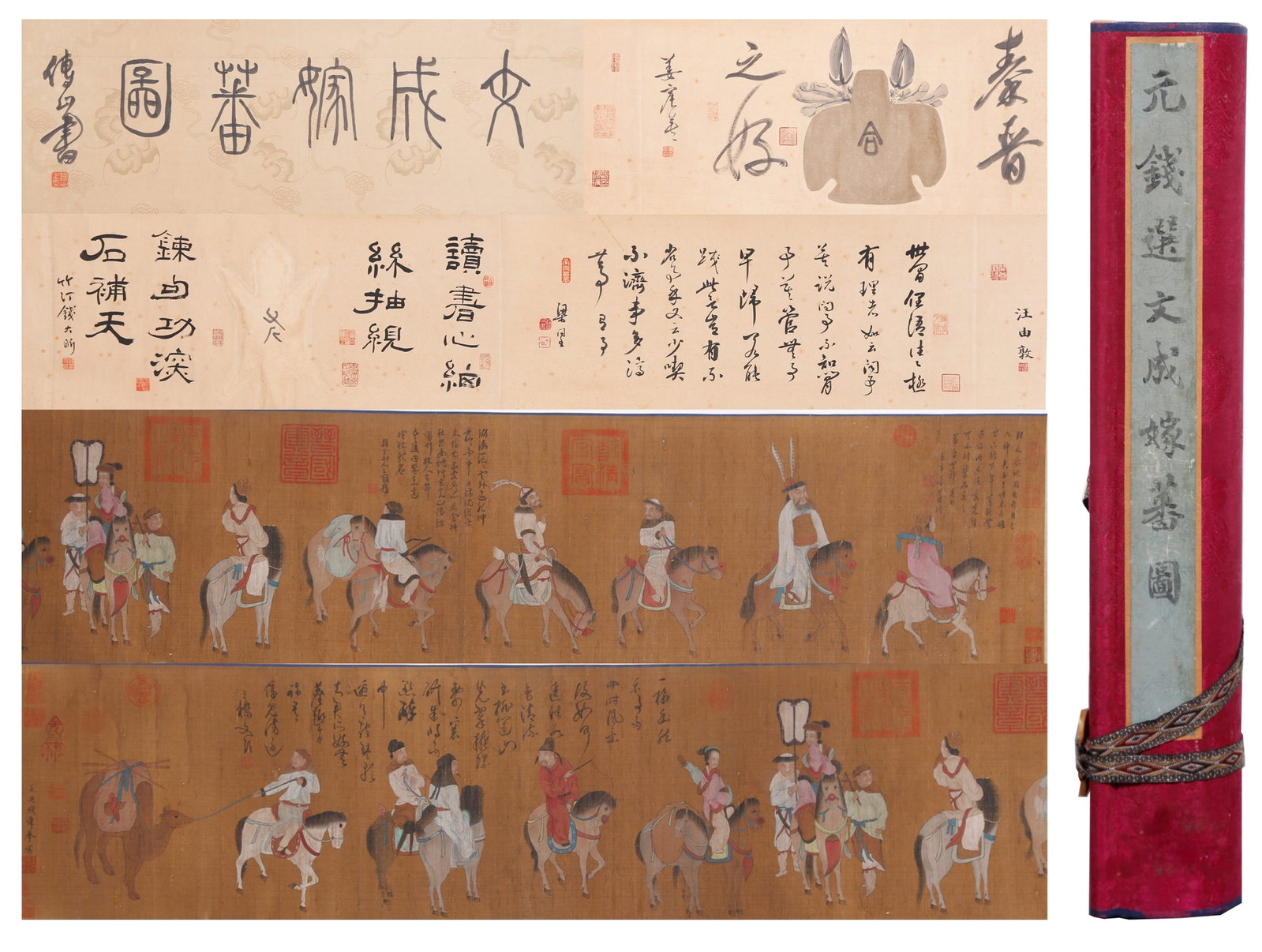 A HAND SCROLL OF PRINCESS WENCHENG MARRYING THE TIBETAN RULER ON SILK BY QIAN XUAN.錢選: Hand Scroll of Princess Wencheng Marrying the Tibetan Ruler on Silk by Qian Xuan.錢選