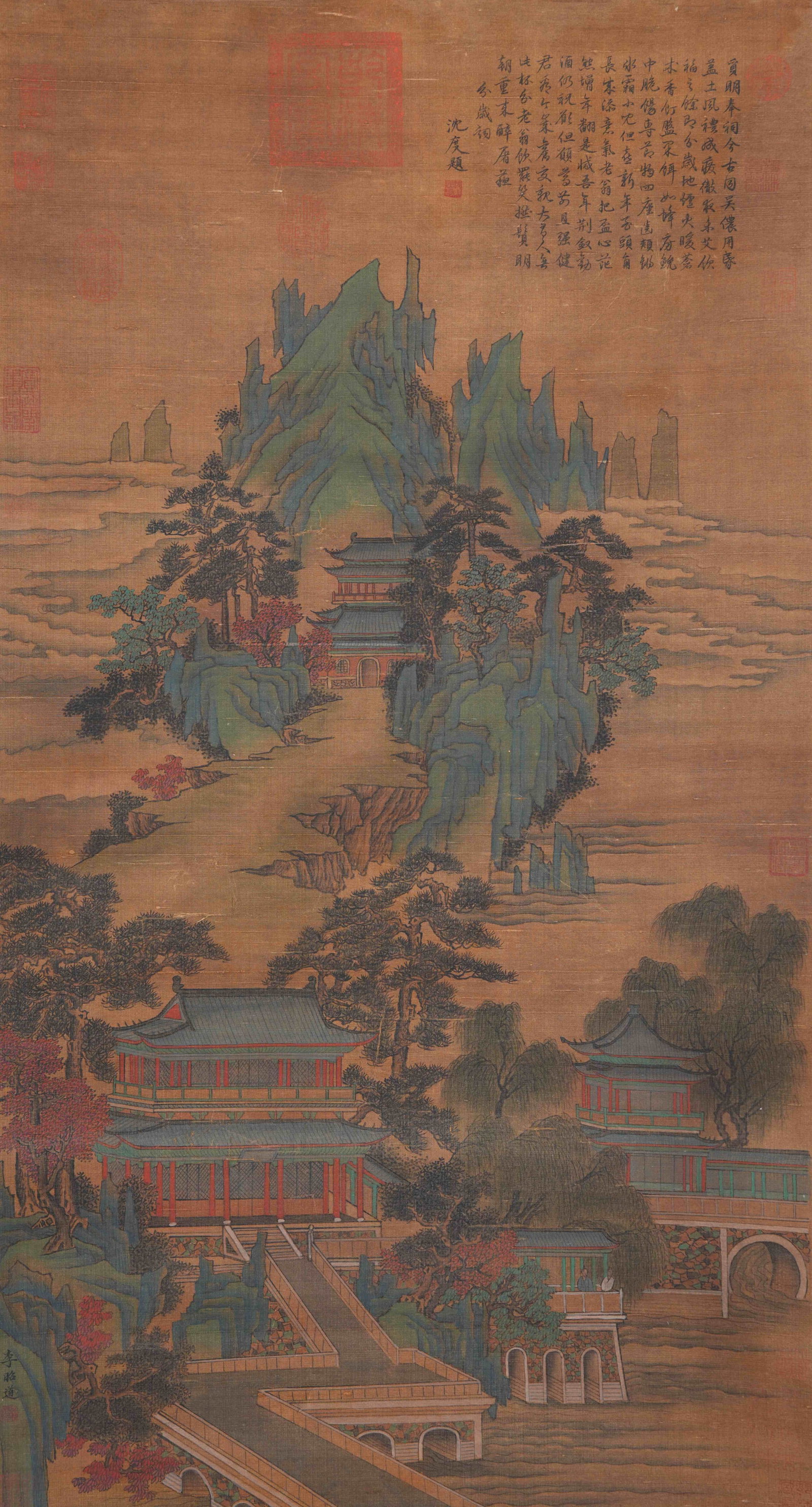 A LANDSCAPE AND PAVILION PAINTING ON SILK BY LI ZHAODAO.李昭道: Landscape and Pavilion Painting on Silk by Li Zhaodao.李昭道