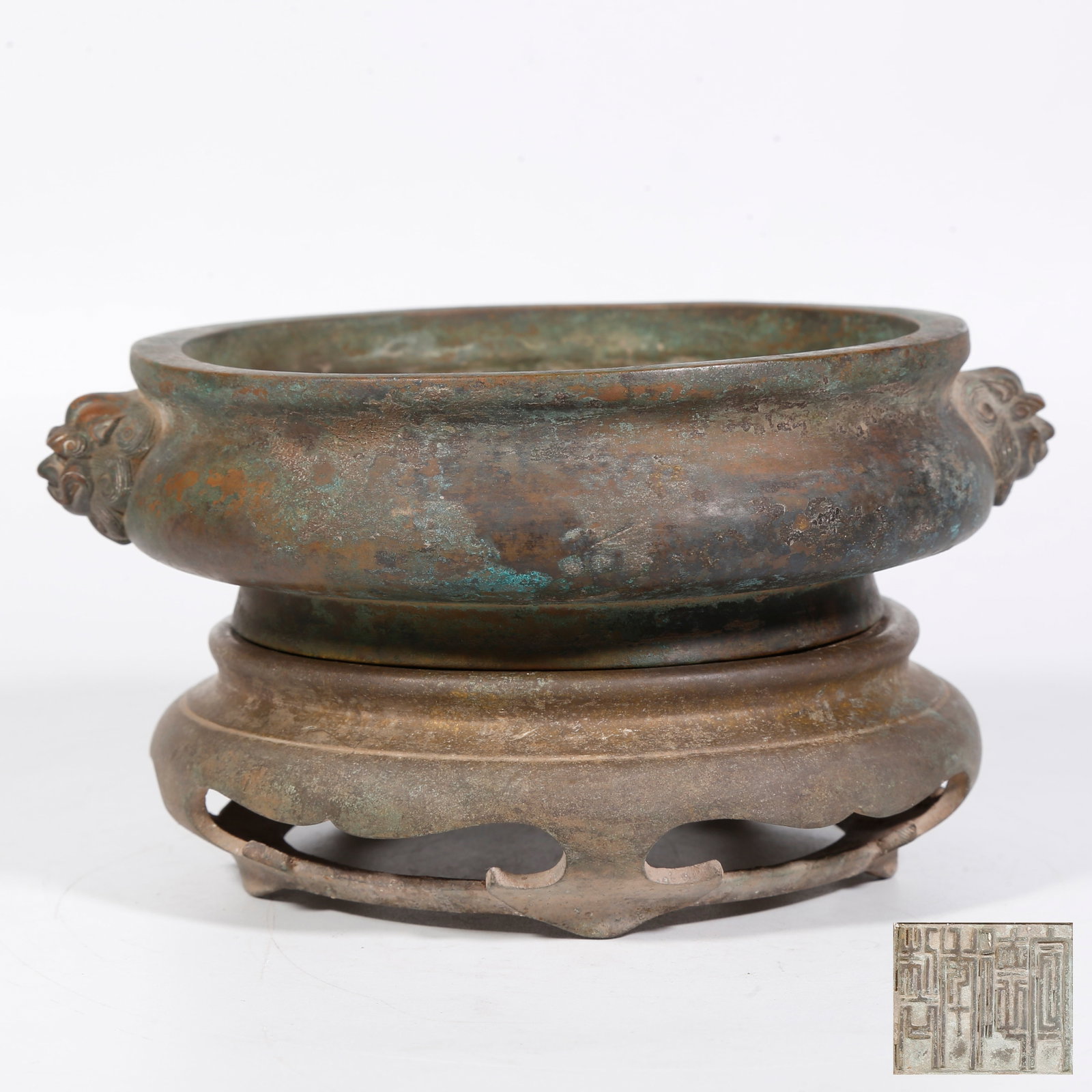 A BRONZE LION-EARED CENSER WITH STAND (1 of 9)
