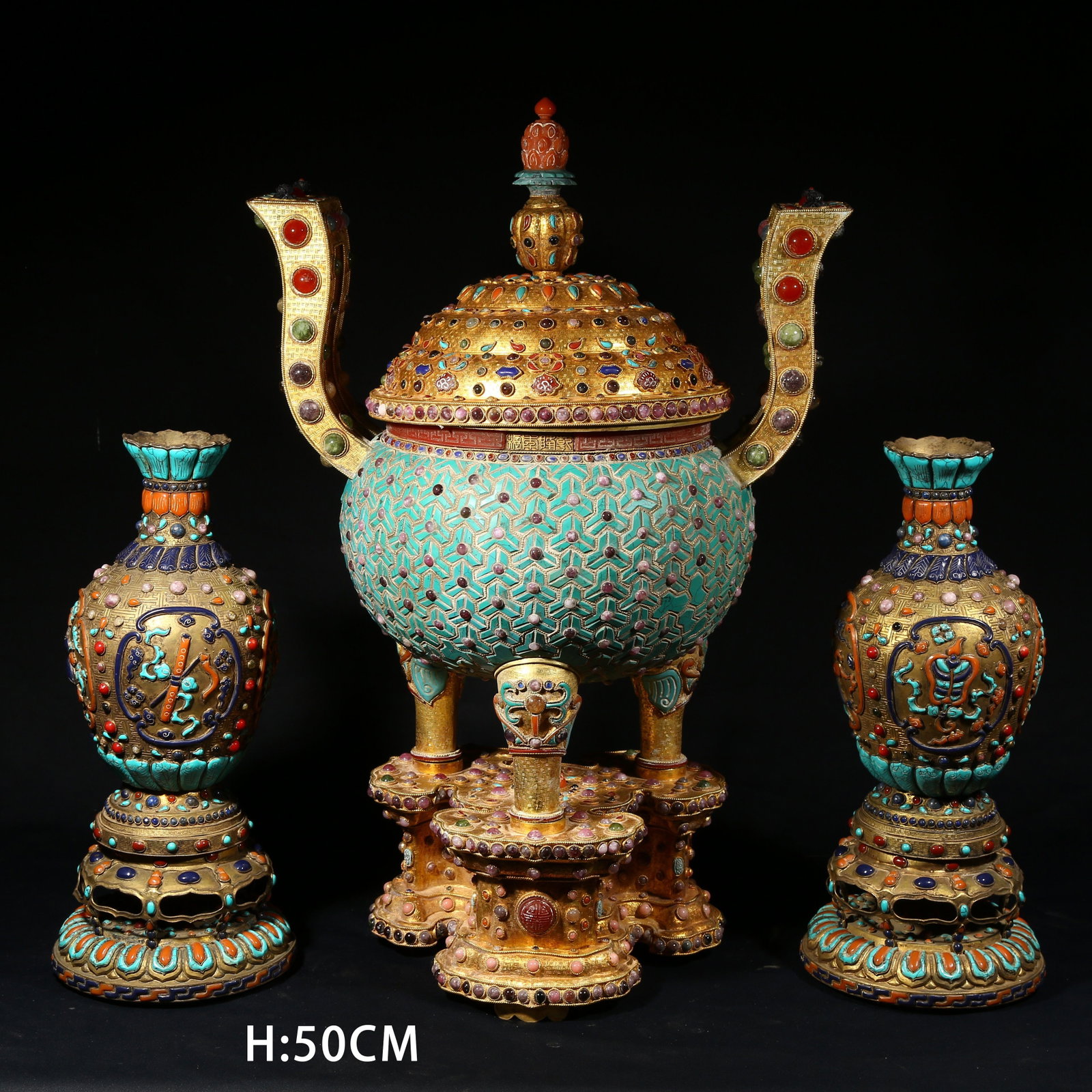 A GILDED BRONZE RITUAL OFFERING SET WITH GEMSTONE INLAYS (1 of 13)