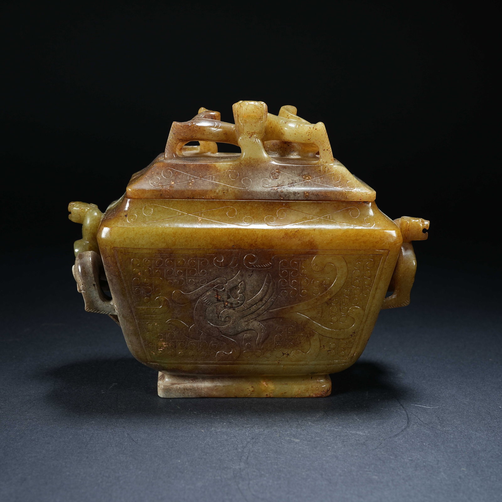 A ARCHAIC JADE COVERED CENSER WITH DRAGON AND PHOENIX DESIGN: Archaic Jade Covered Censer with Dragon and Phoenix Design