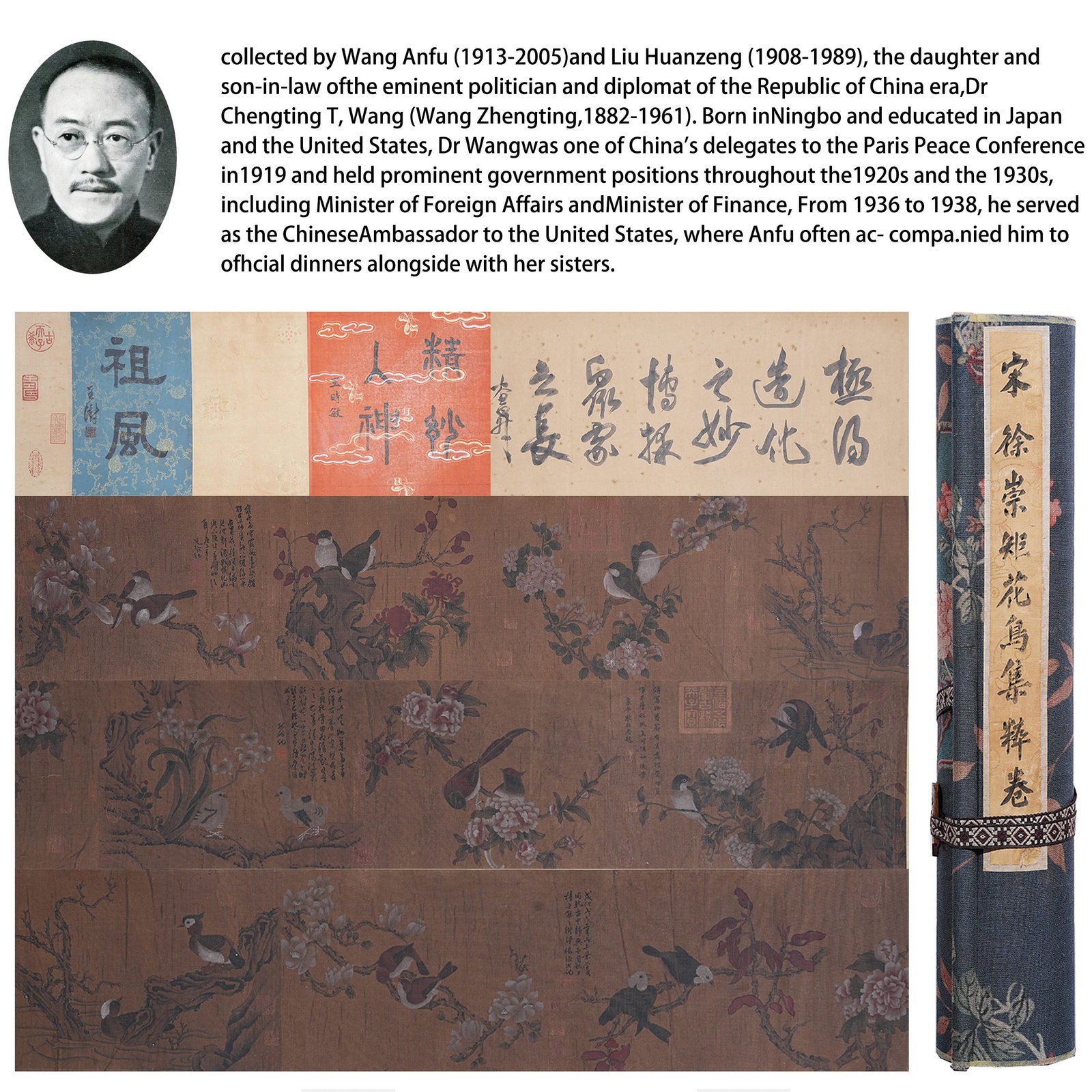 A HAND SCROLL OF ASSORTED FLOWERS AND BIRDS ON SILK BY XU CHONGJU.徐崇矩: Hand Scroll of Assorted Flowers and Birds on Silk by Xu Chongju.徐崇矩 PROVENANCE: Property from the family collection of Wang Anfu (1913?C2005) and Liu Huanzeng (1908?C1989),