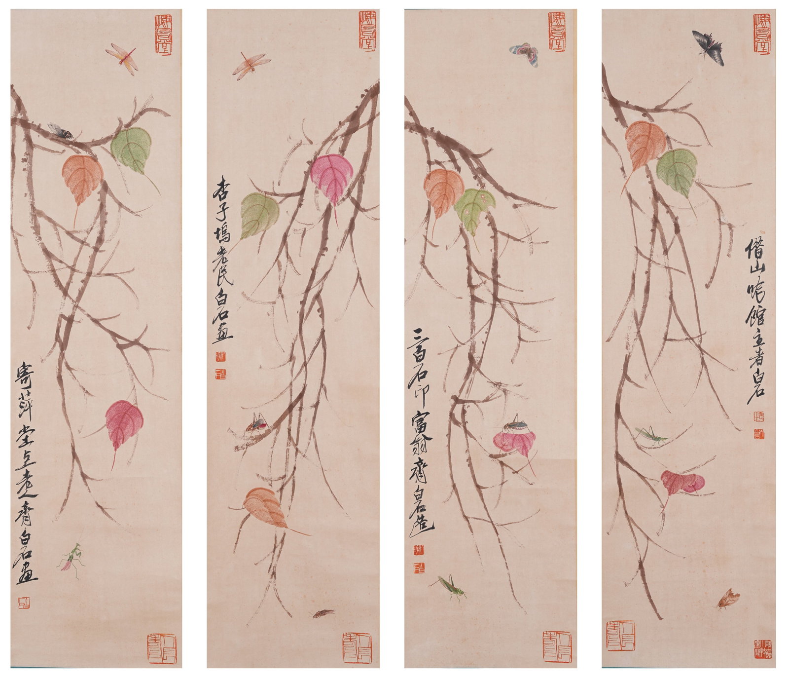 A PAINTINGS OF SHELL LEAVES AND INSECTS ON PAPER BY QI BAISHI (4 PIECES).齊白石: Paintings of Shell Leaves and Insects on Paper by Qi Baishi (4 Pieces).齊白石