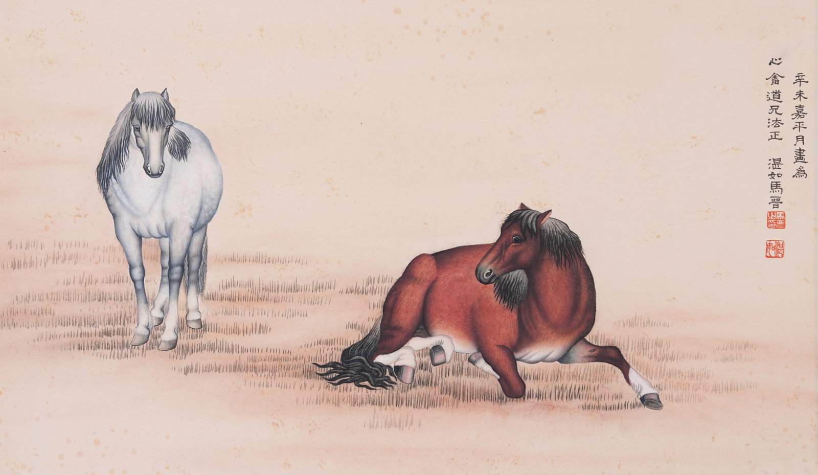 A DOUBLE HORSE PAINTING ON PAPER BY MA JIN.馬晉: Double Horse Painting on Paper by Ma Jin.馬晉