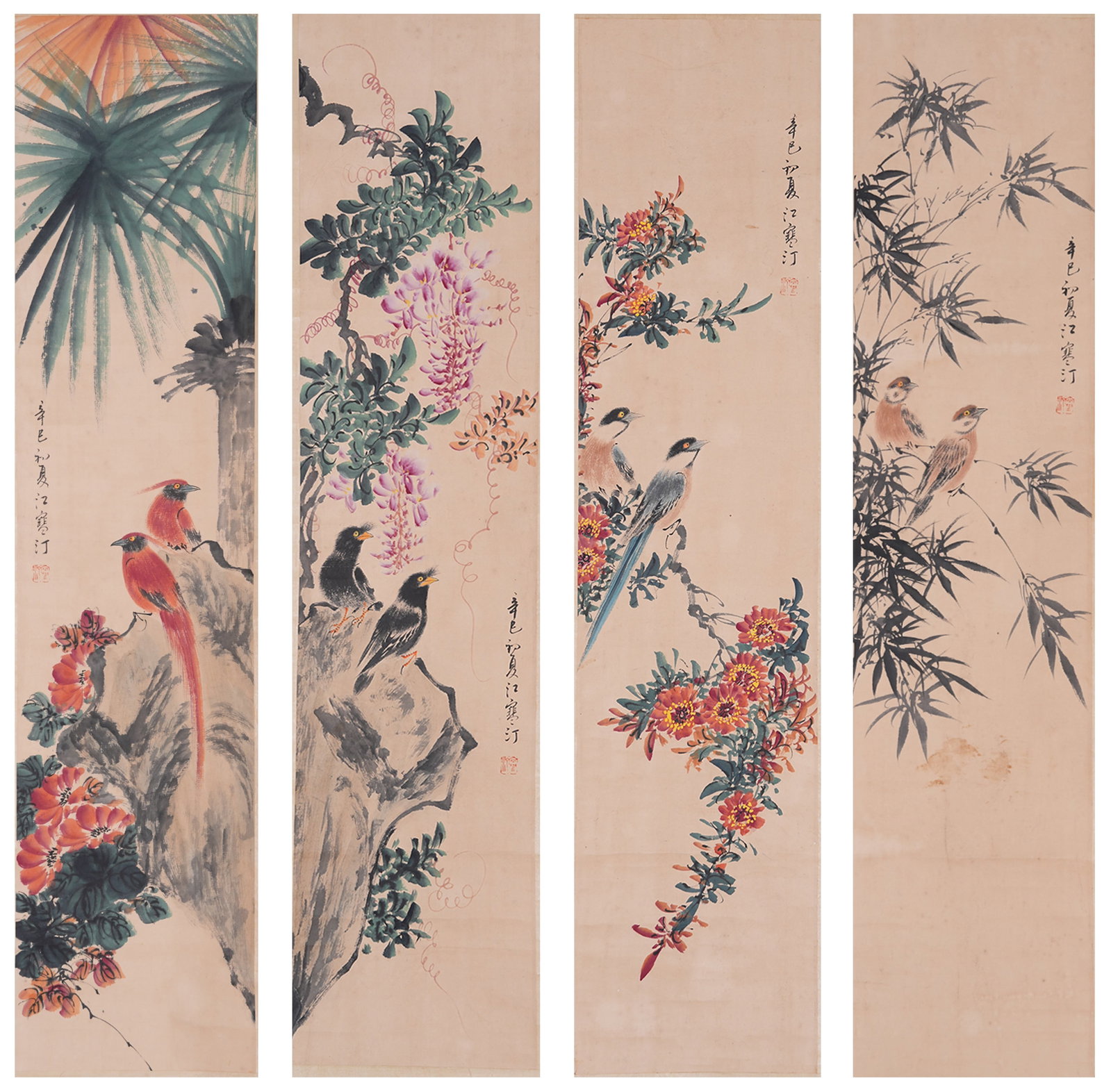 A FLOWER AND BIRD PAINTINGS ON PAPER BY JIANG HANTING (4 PIECES).江寒汀: Flower and Bird Paintings on Paper by Jiang Hanting (4 pieces).江寒汀