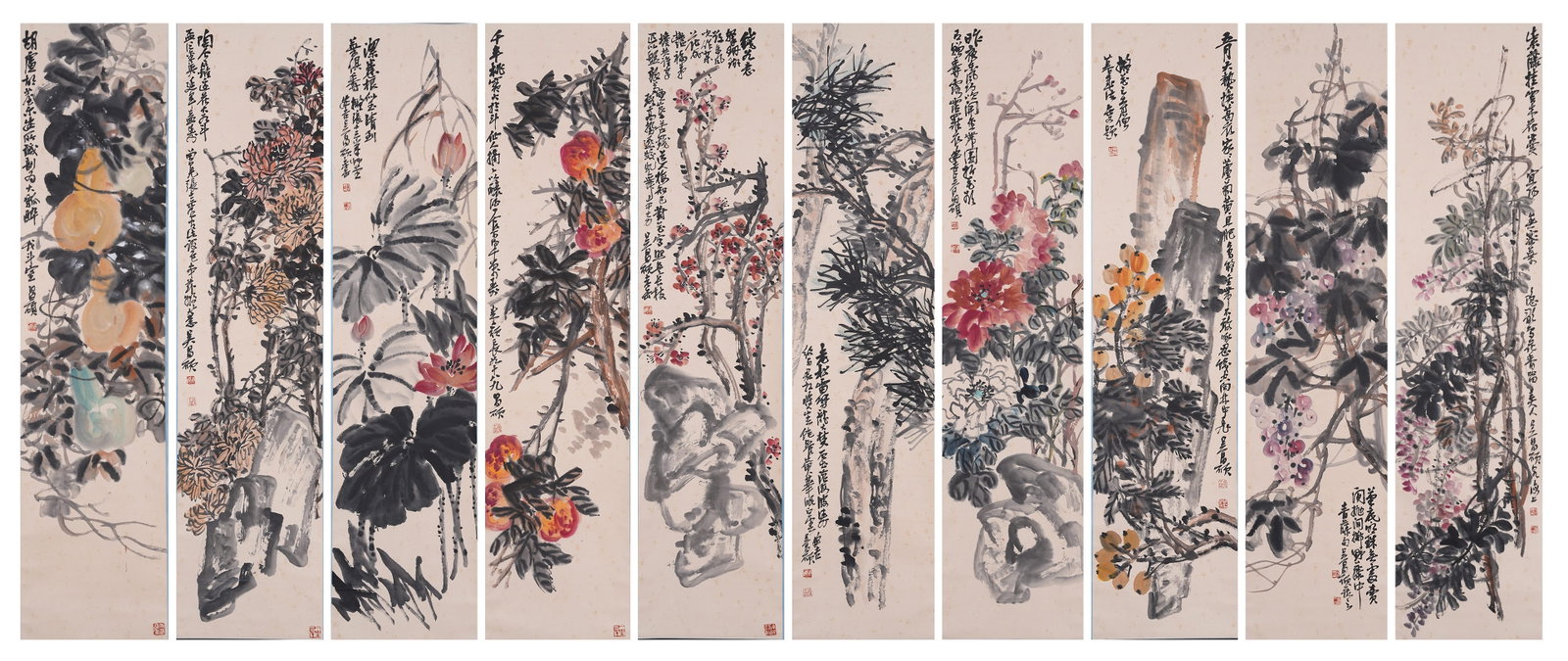 A FLOWER PAINTINGS ON PAPER BY WU CHANGSHUO (10 PIECES).吳昌碩 (1 of 20)