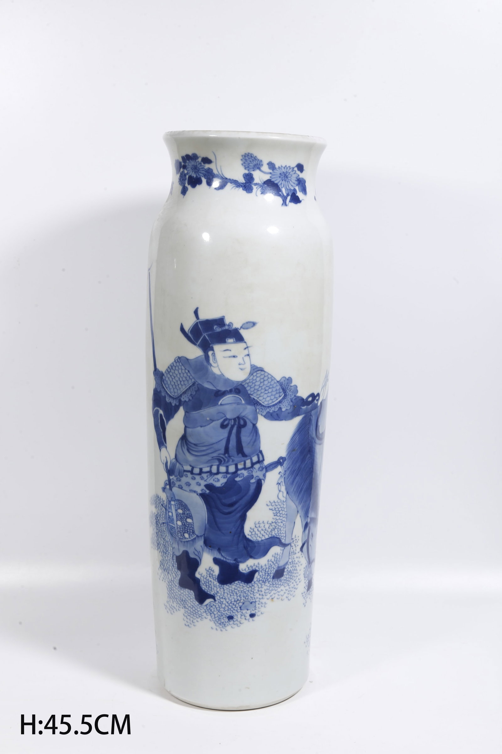 A BLUE AND WHITE CYLINDRICAL VASE WITH FIGURE STORY PATTERNS: Blue and White Cylindrical Vase with Figure Story Patterns