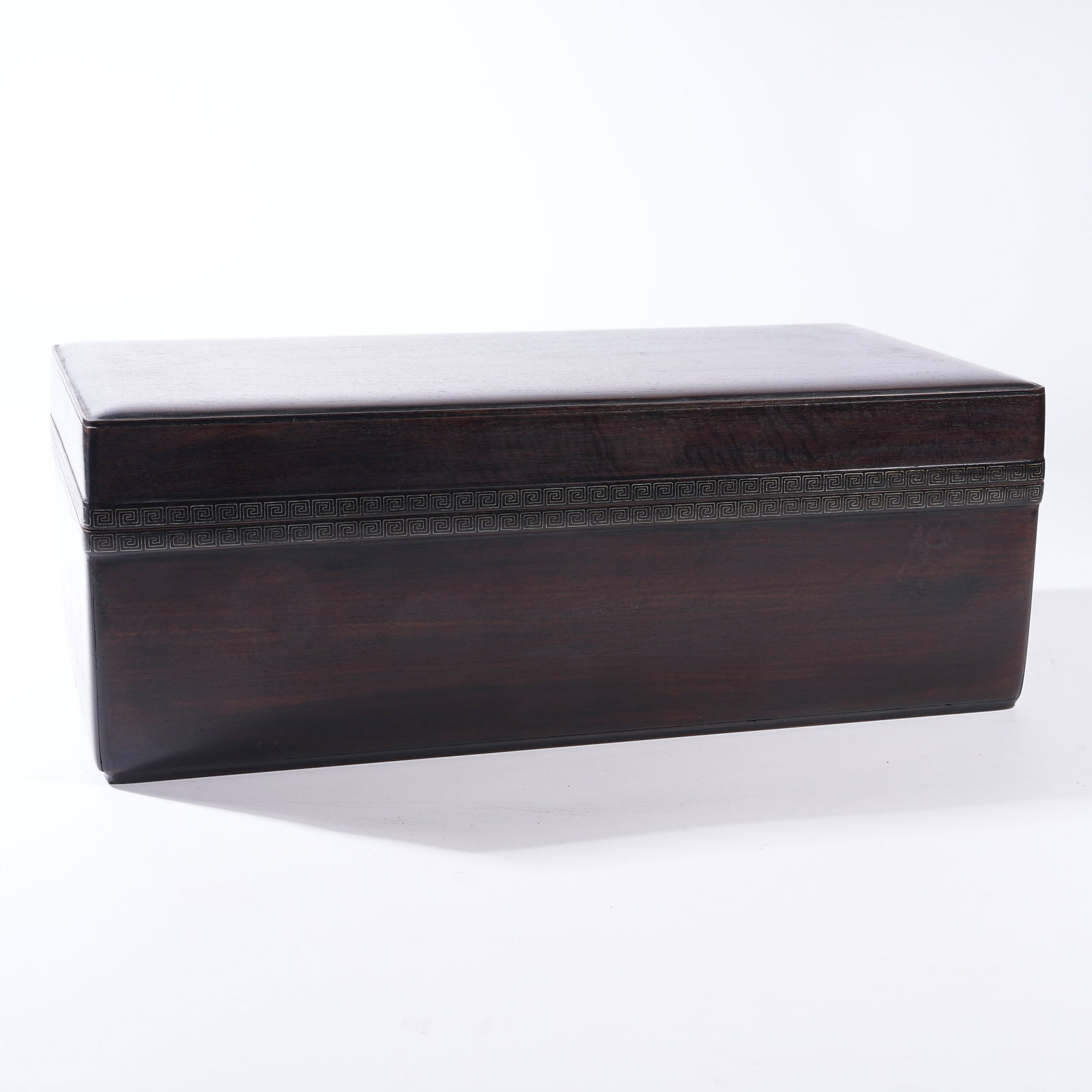 A HUANGHUALI COVERED BOX WITH MEANDER PATTERN INLAID WITH SILVER WIRE: Huanghuali Covered Box with Meander Pattern Inlaid with Silver Wire