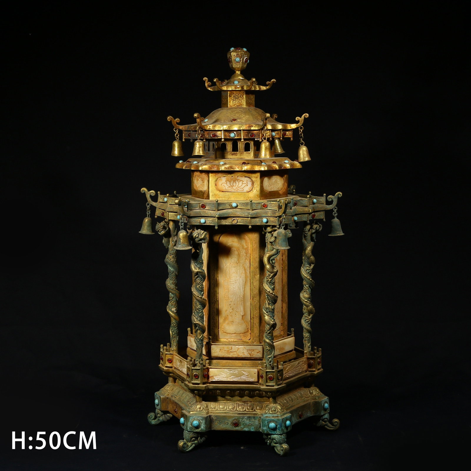 A GILDED BRONZE STUPA WITH JADE INLAY: Gilded bronze stupa with jade inlay