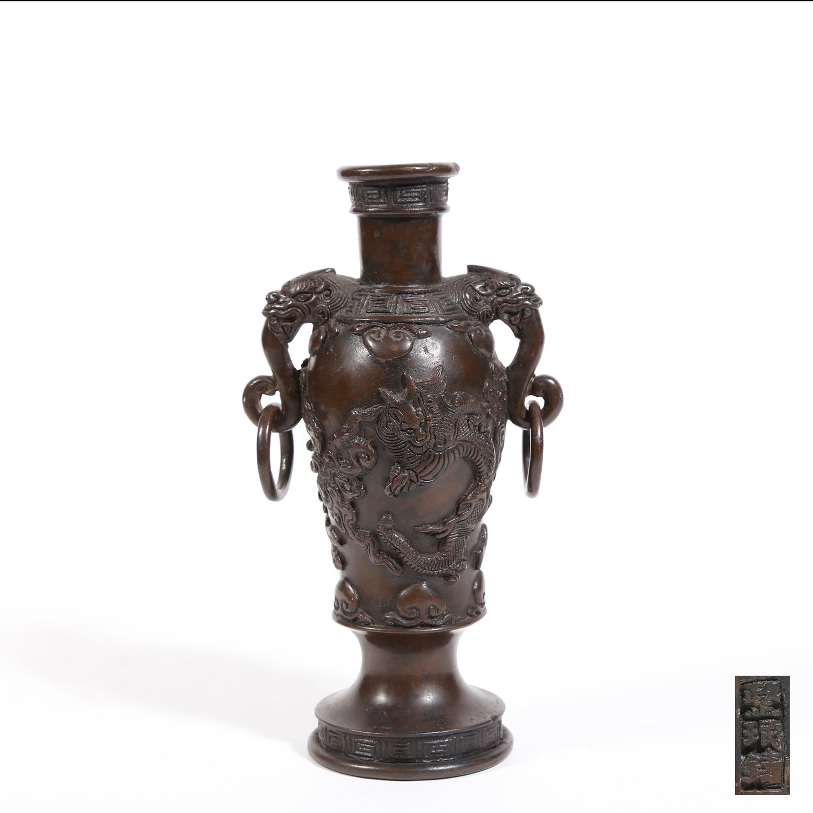 A BRONZE VASE WITH DRAGON PHOENIX PATTERN AND ELEPHANT EARS (1 of 9)