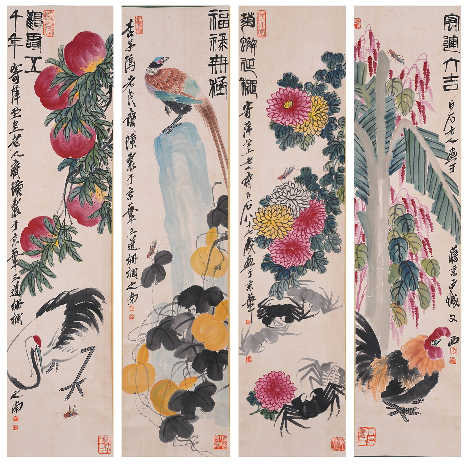 A FLOWER AND BIRD PAINTINGS ON PAPER BY QI BAISHI (4 PIECES).齊白石 (1 of 10)