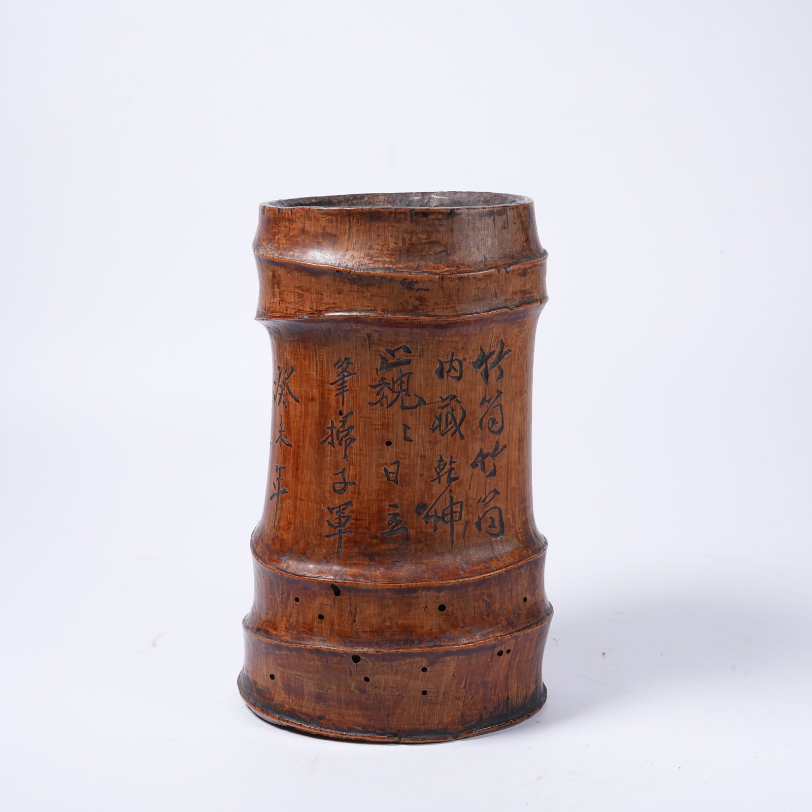 A BAMBOO ROOT CARVED BRUSH POT WITH POEM INSCRIPTION (1 of 9)