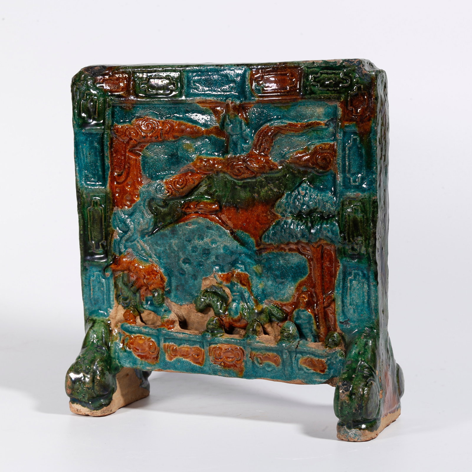 A SANCAI LANDSCAPE AND FIGURE PATTERN INK SCREEN: Sancai Landscape and Figure Pattern Ink Screen