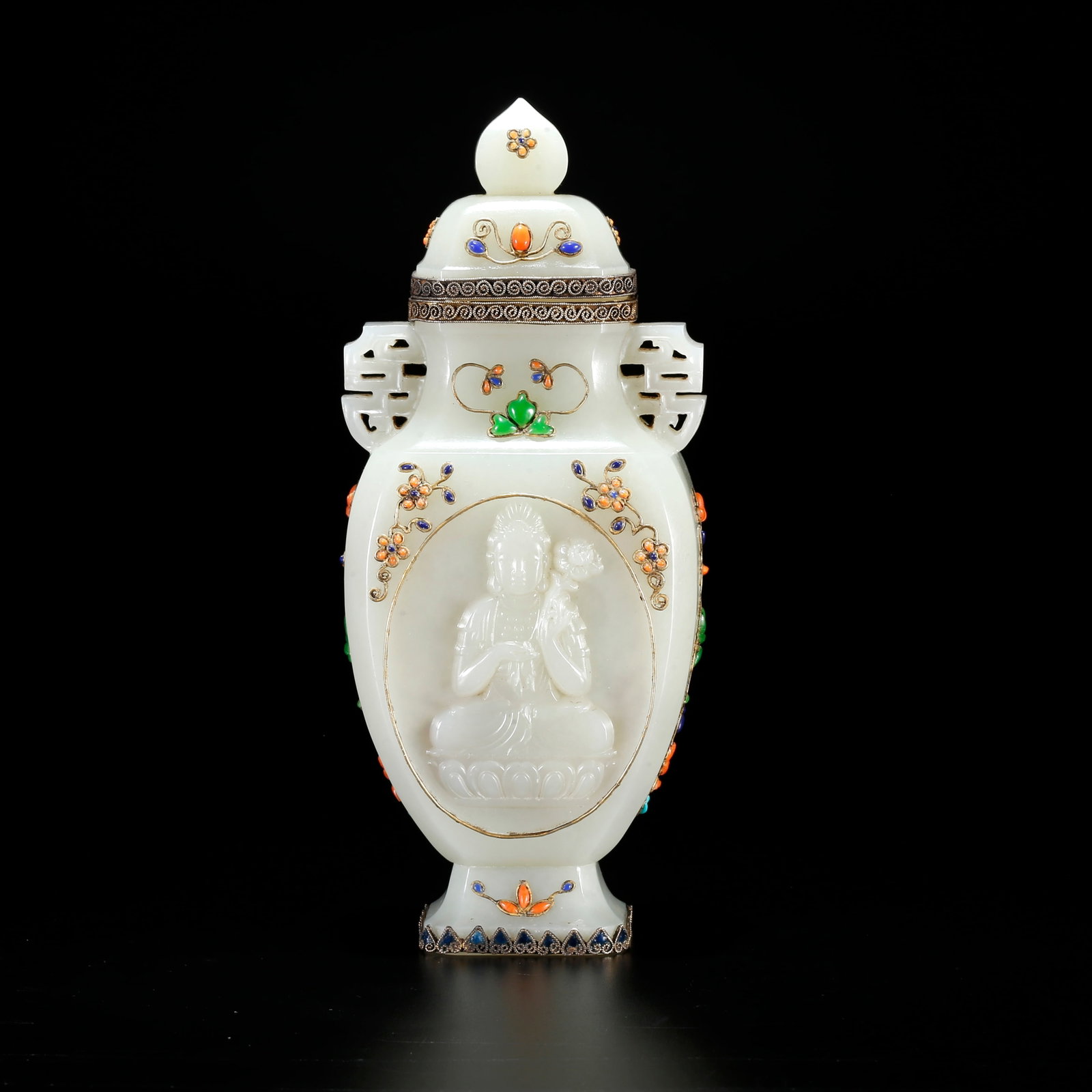 A HETIAN JADE TWO-EARED COVERED VASE CARVED WITH BUDDHA PATTERN (1 of 10)