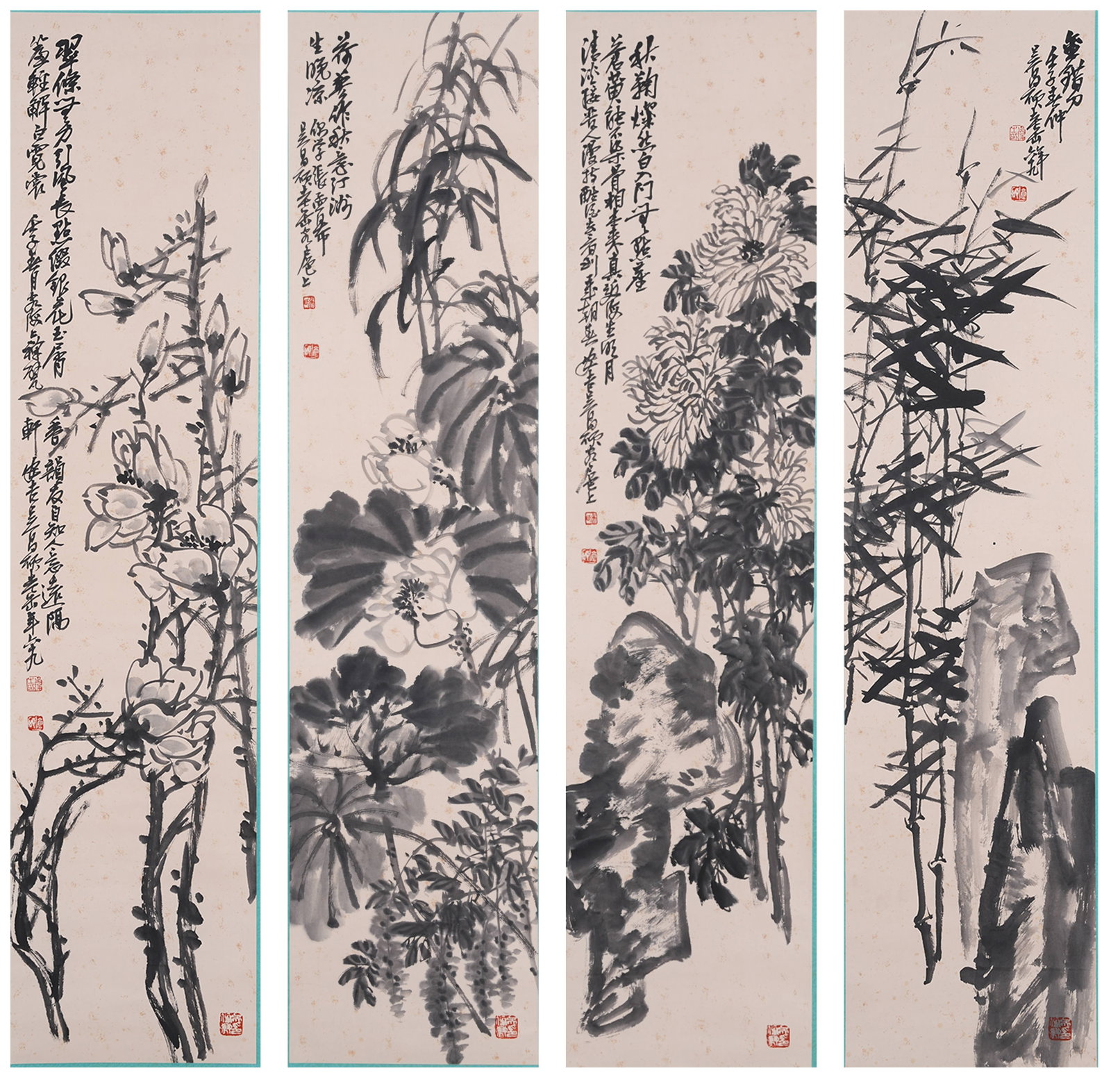 A FLOWER PAINTINGS ON PAPER BY WU CHANGSHUO (4 PIECES).吳昌碩 (1 of 12)