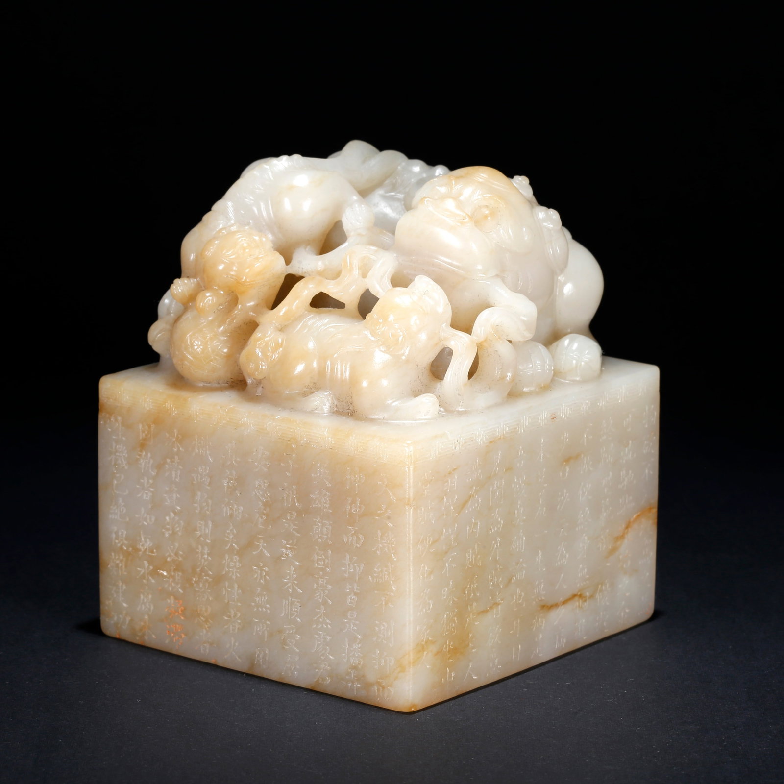A HETIAN JADE CARVED SEAL WITH LION ROLLING EMBROIDERED BALL KNOB (1 of 10)