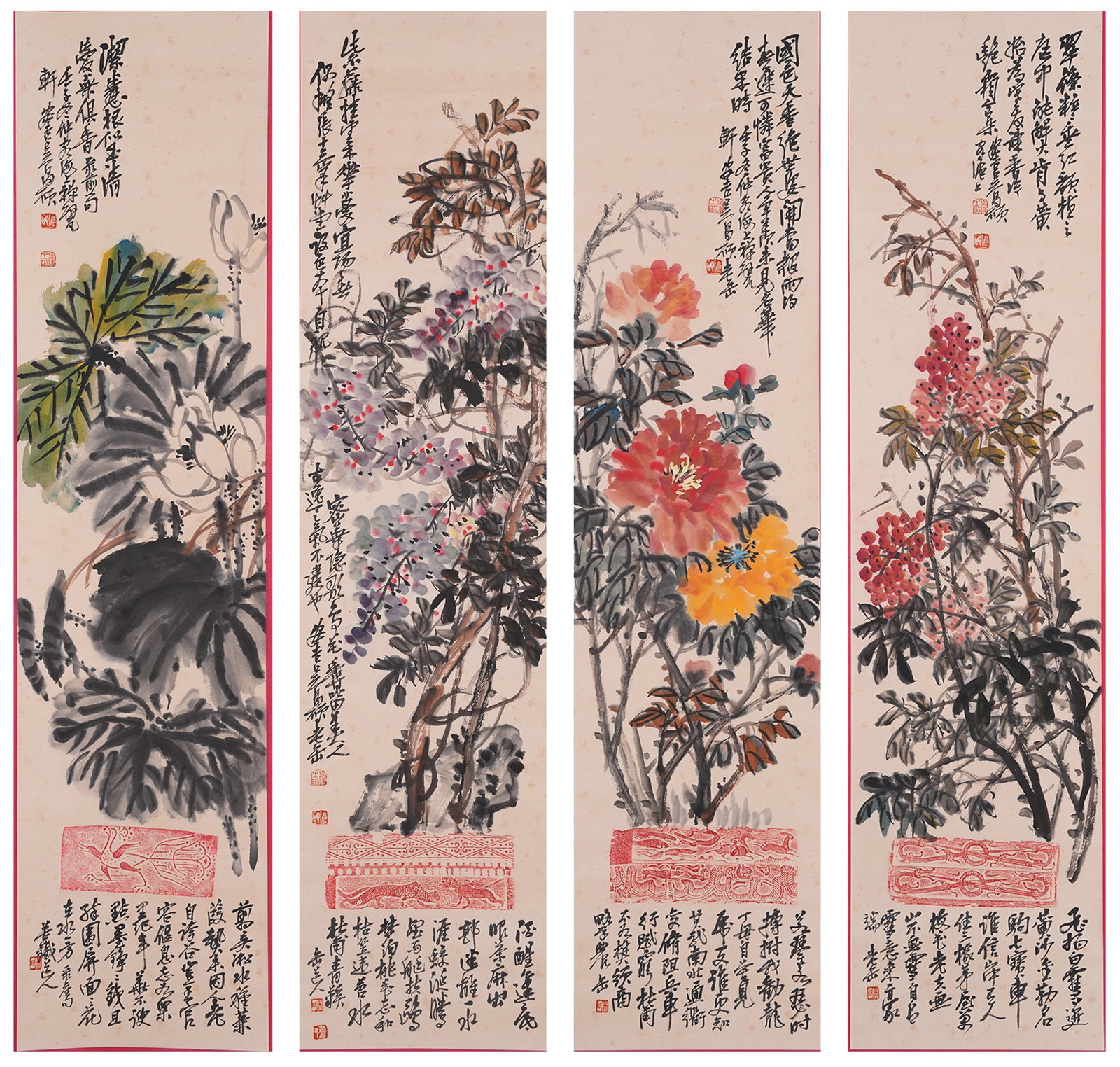 A FLOWER PAINTINGS ON PAPER BY WU CHANGSHUO (4 PIECES).吳昌碩 (1 of 10)