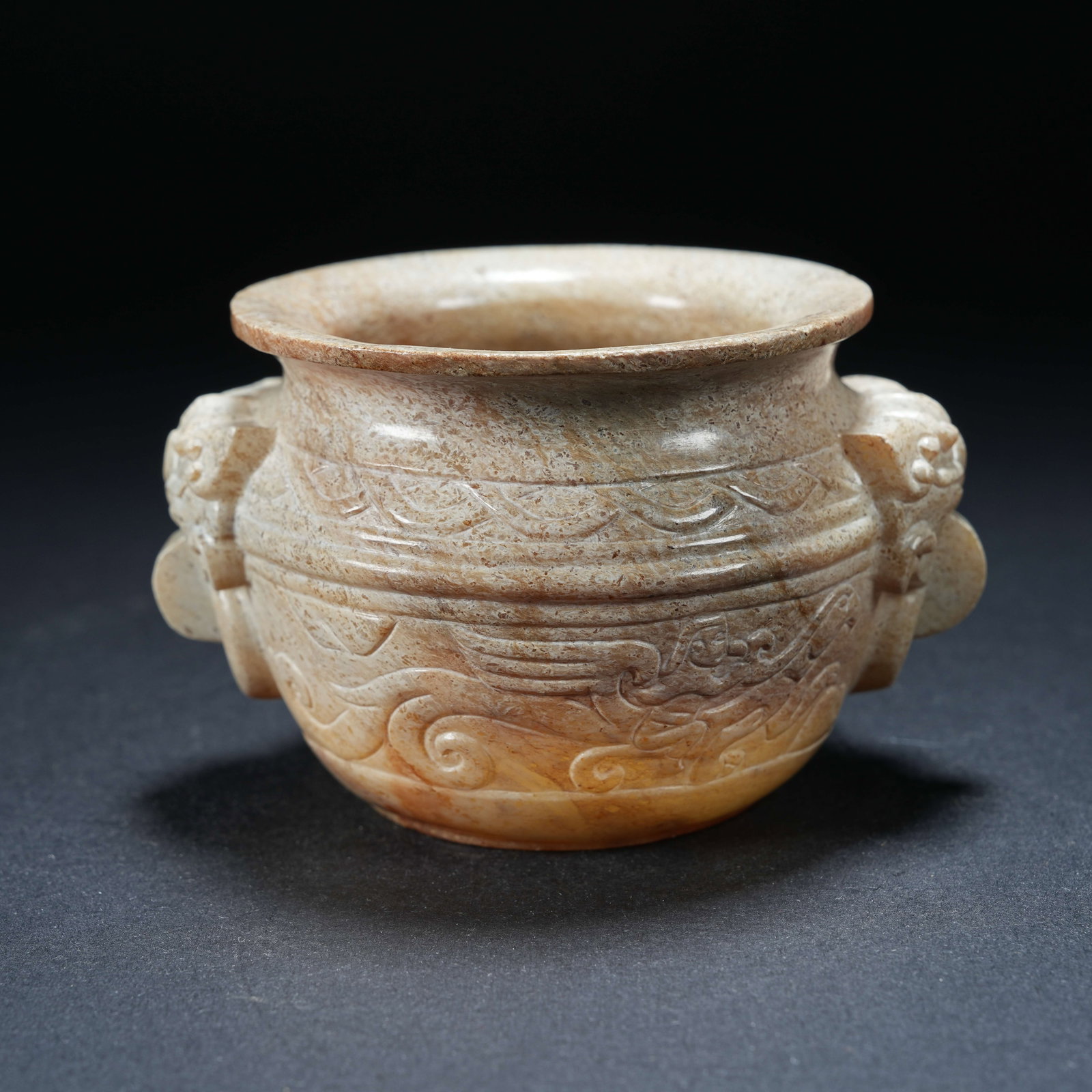 A ARCHAIC JADE CENSER WITH TWIN BEAST HANDLES AND FEATHERED IMMORTAL RIDING DRAGON AND PHOENIX: Archaic Jade Censer with Twin Beast Handles and Feathered Immortal Riding Dragon and Phoenix