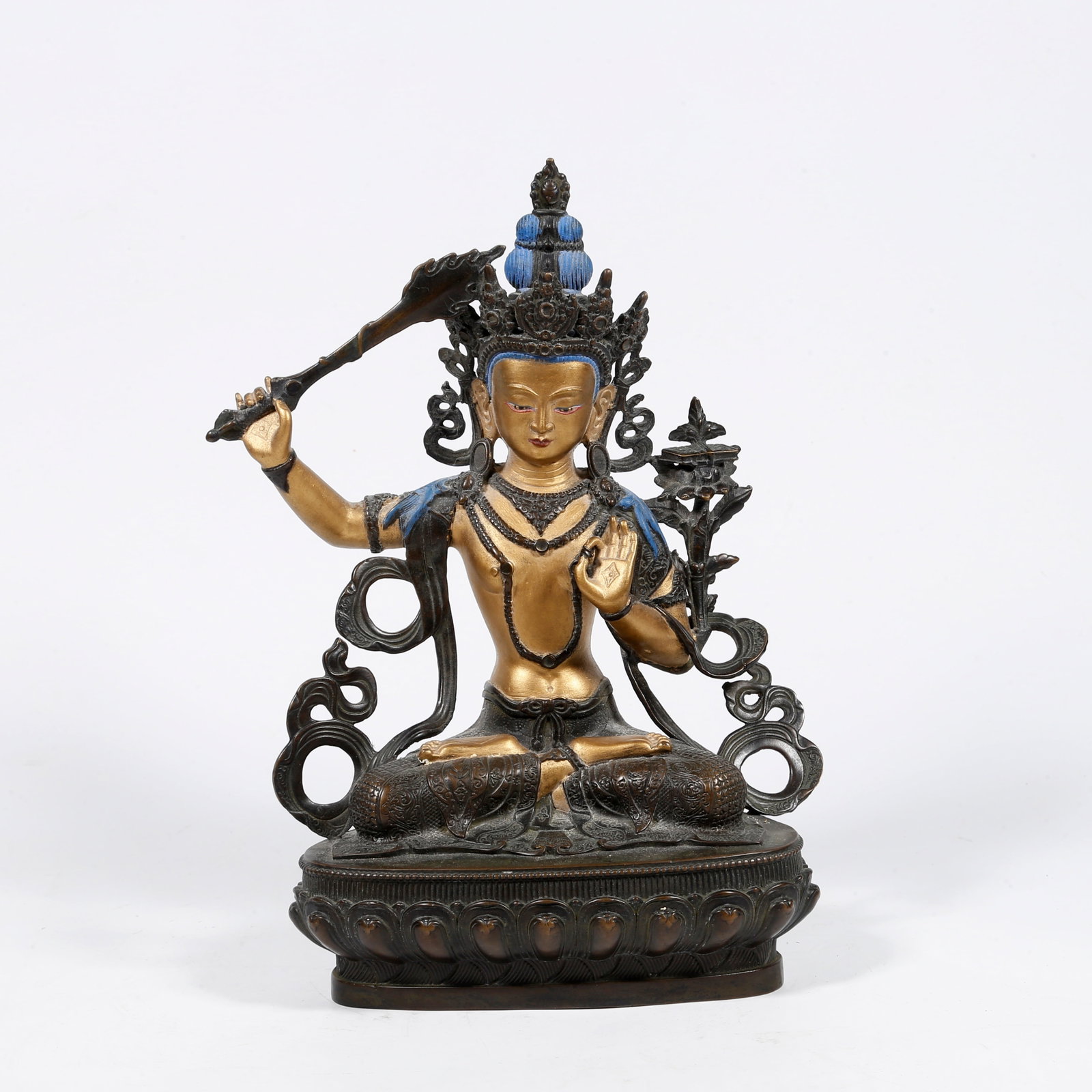 A GILT-BRONZE MANJUSHRI BODHISATTVA STATUE (PARTIALLY GILDED) (1 of 10)