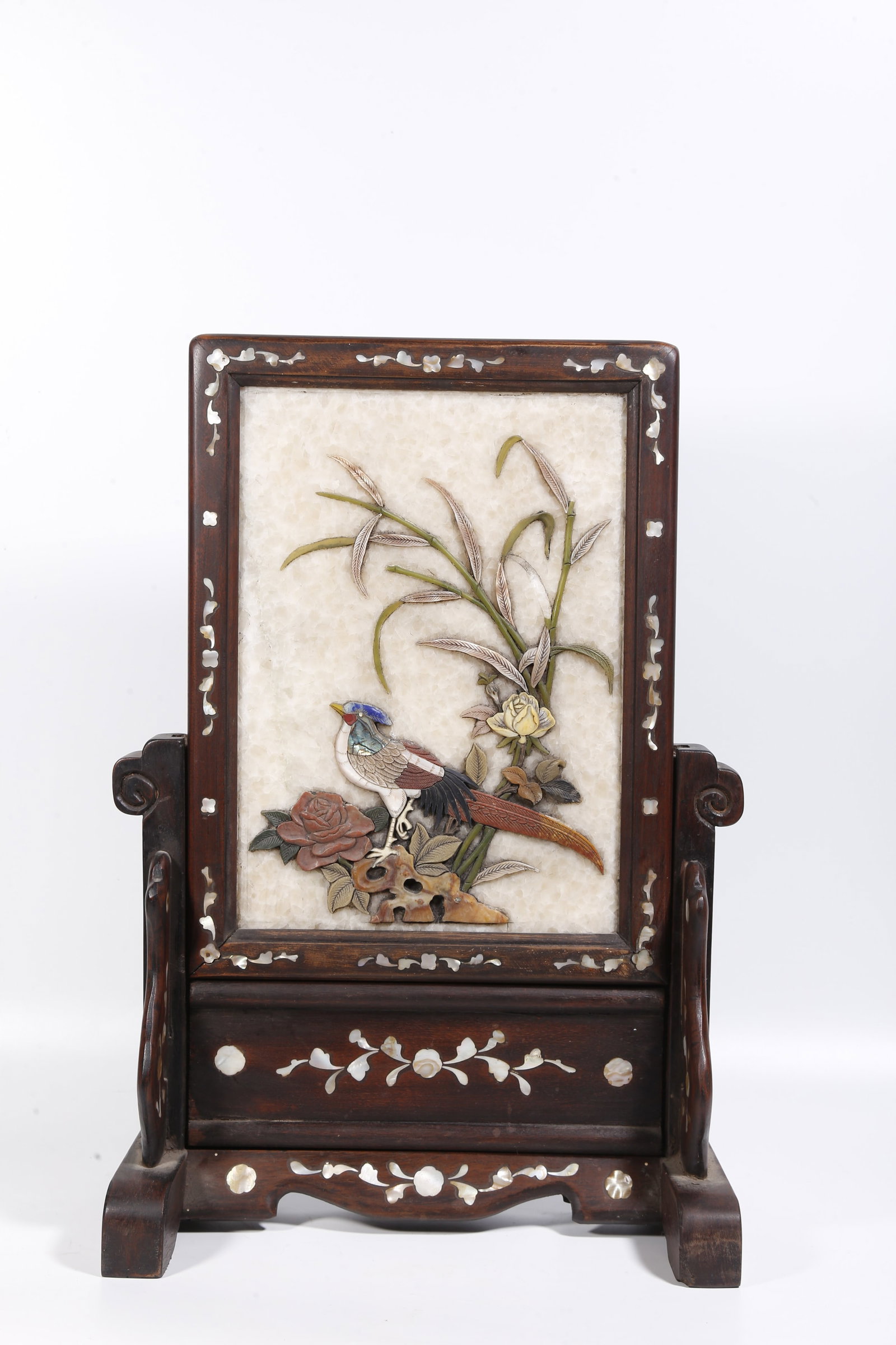 A HUANGHUALI WOOD TABLE SCREEN WITH PRECIOUS STONE INLAY (1 of 8)