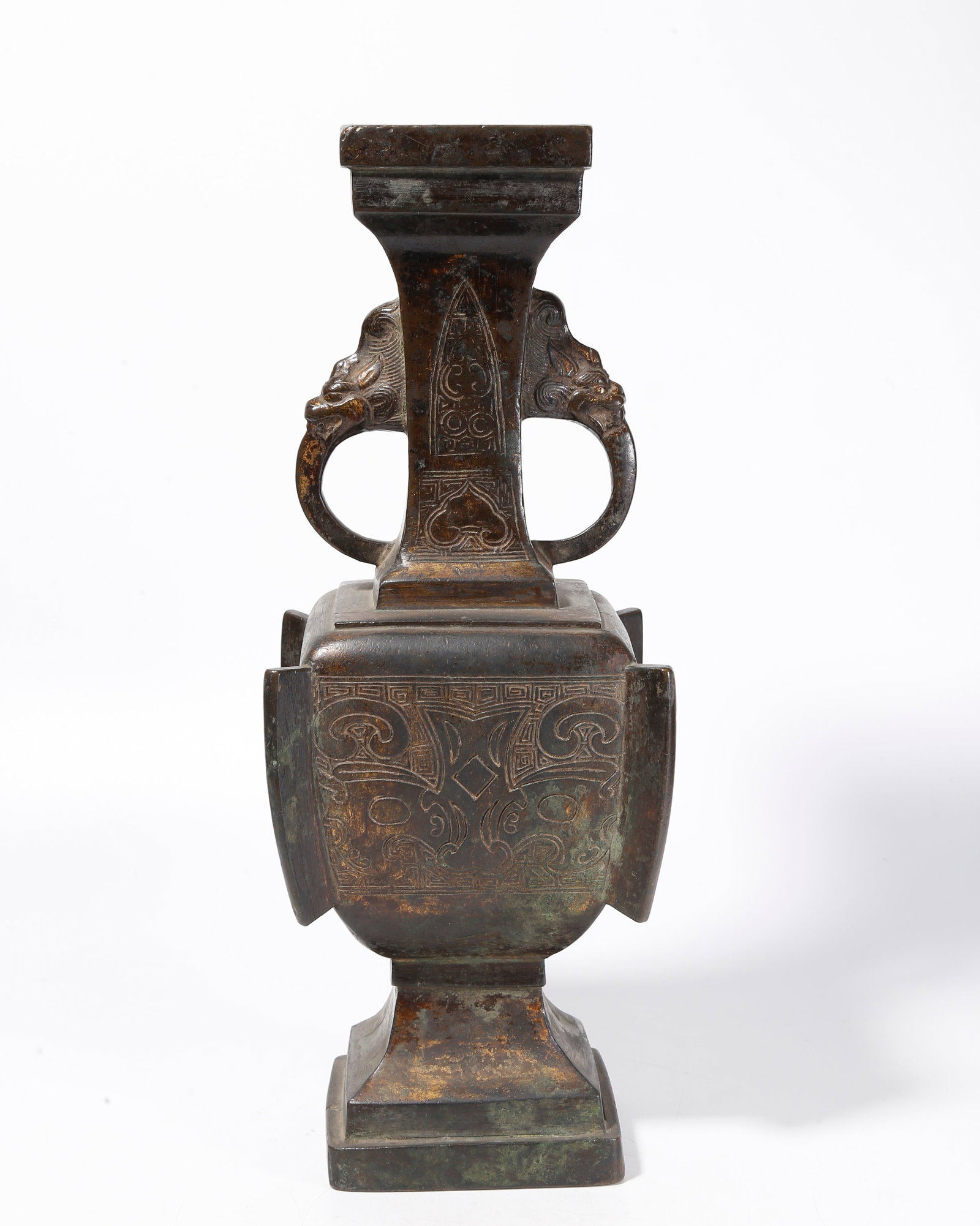A BRONZE VASE WITH BEAST MASK AND DOUBLE BEAST EARS: Bronze Vase with Beast Mask and Double Beast Ears
