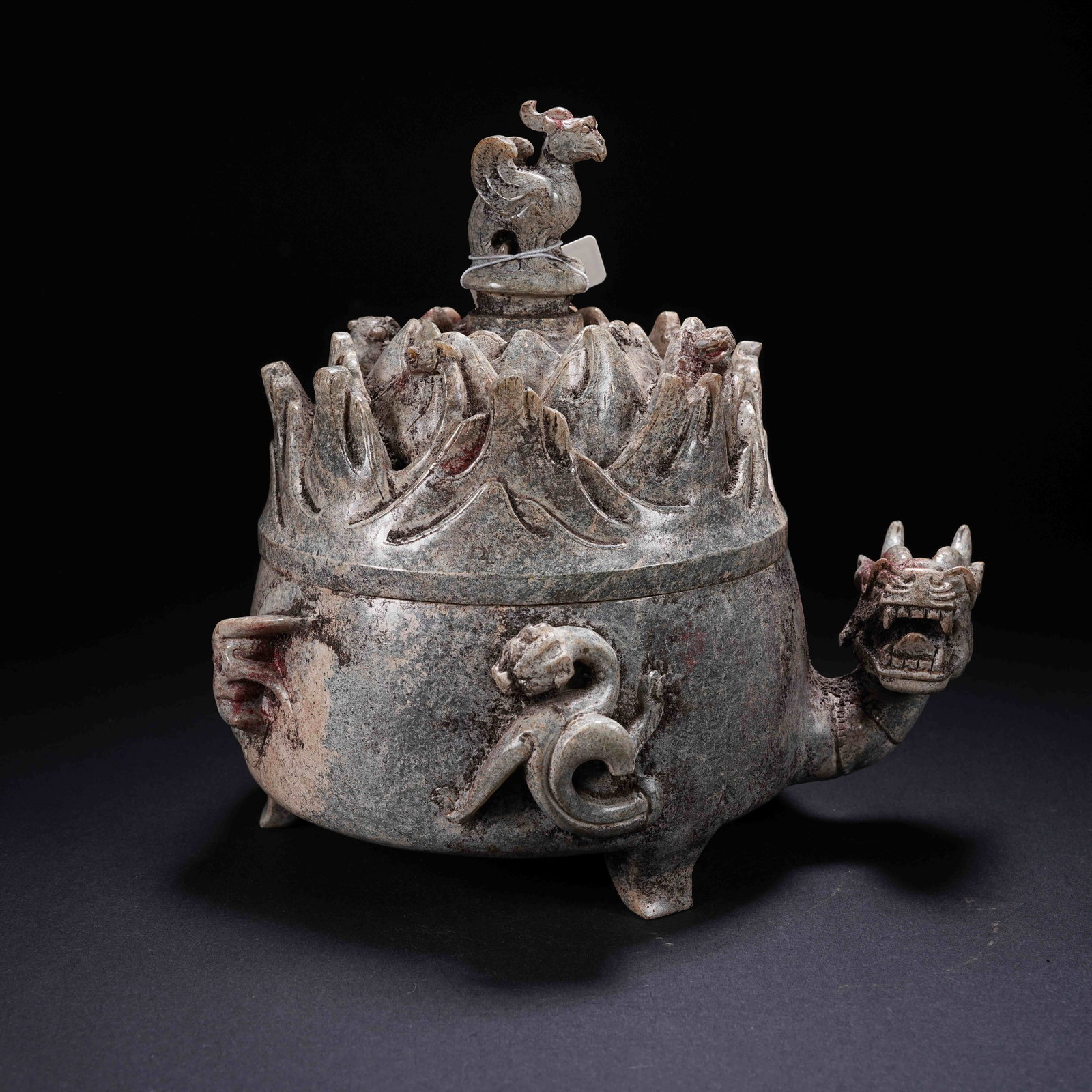 A ARCHAIC JADE BOSHAN CENSER WITH DRAGON-HEAD RIM AND PHOENIX KNOB: Archaic Jade Boshan Censer with Dragon-Head Rim and Phoenix Knob